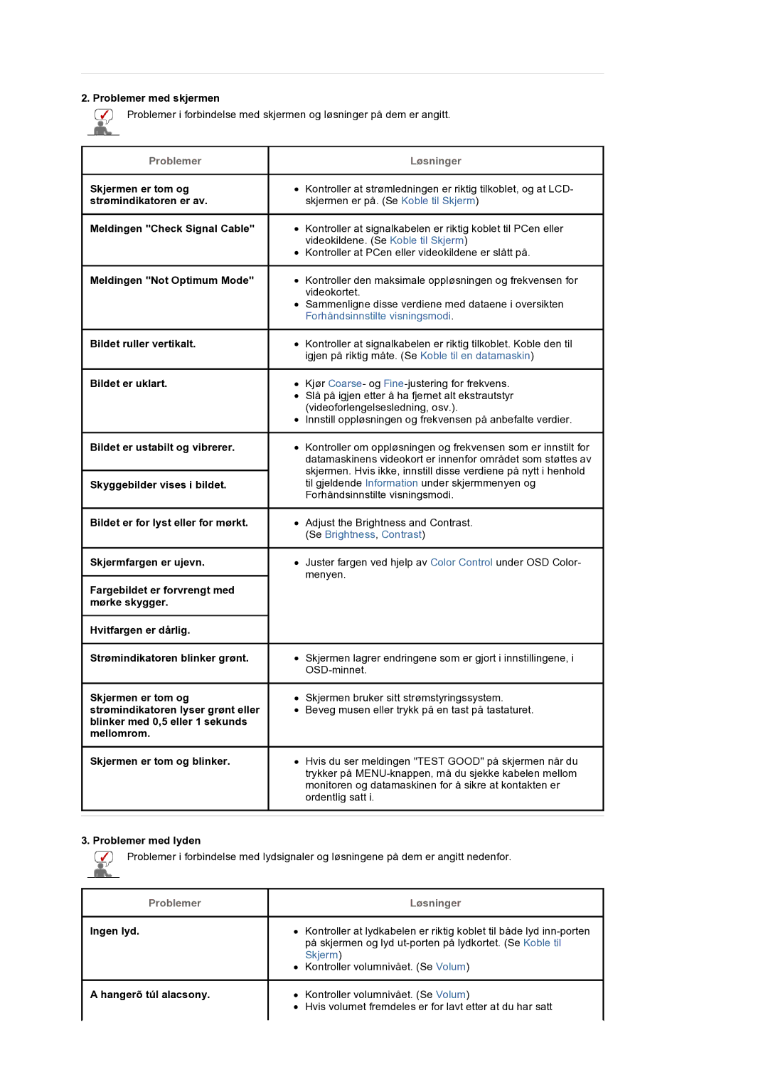 Samsung LS32BEPNS/EDC manual Problemer med skjermen, Skjermen er tom og blinker, Problemer med lyden, Ingen lyd 