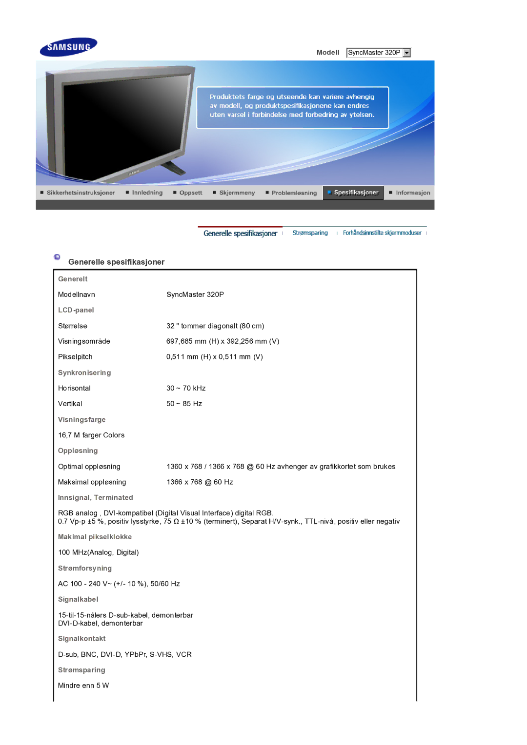 Samsung LS32BEPNS/EDC manual Generelle spesifikasjoner, LCD-panel 