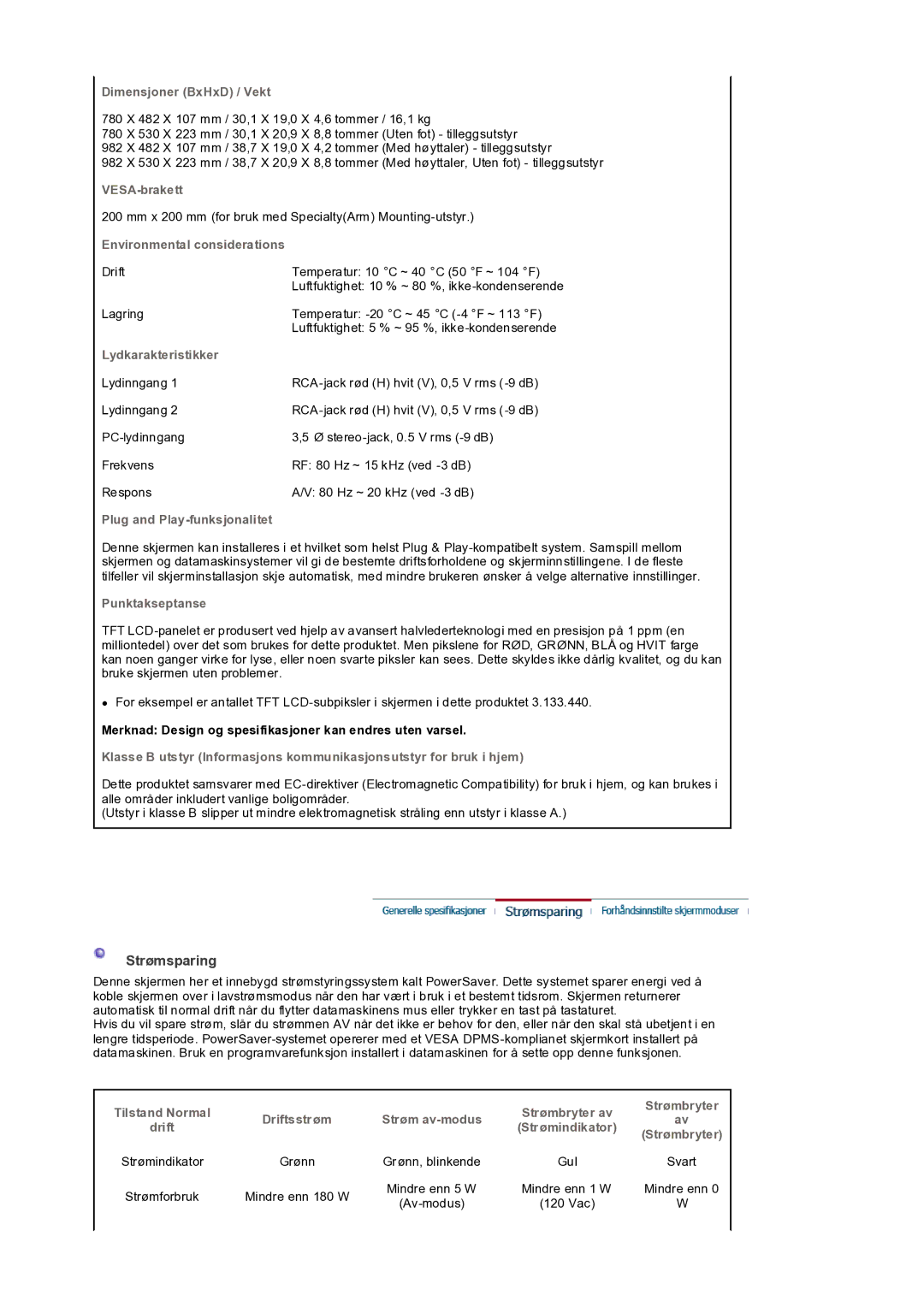 Samsung LS32BEPNS/EDC manual Strømsparing, Merknad Design og spesifikasjoner kan endres uten varsel 