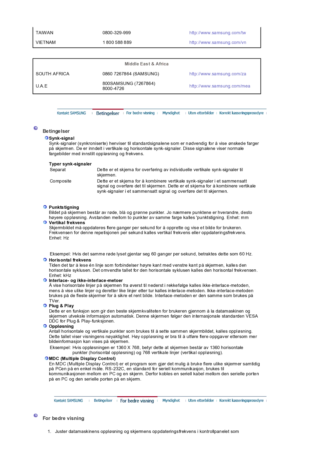 Samsung LS32BEPNS/EDC manual Betingelser, For bedre visning 