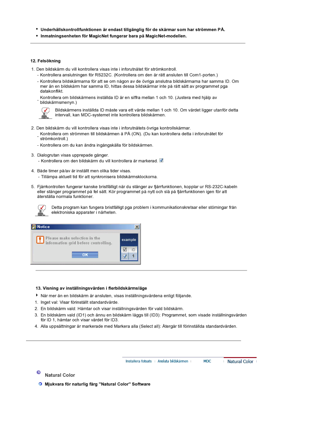 Samsung LS32BEPNS/EDC manual Natural Color, Visning av inställningsvärden i flerbildskärmsläge 