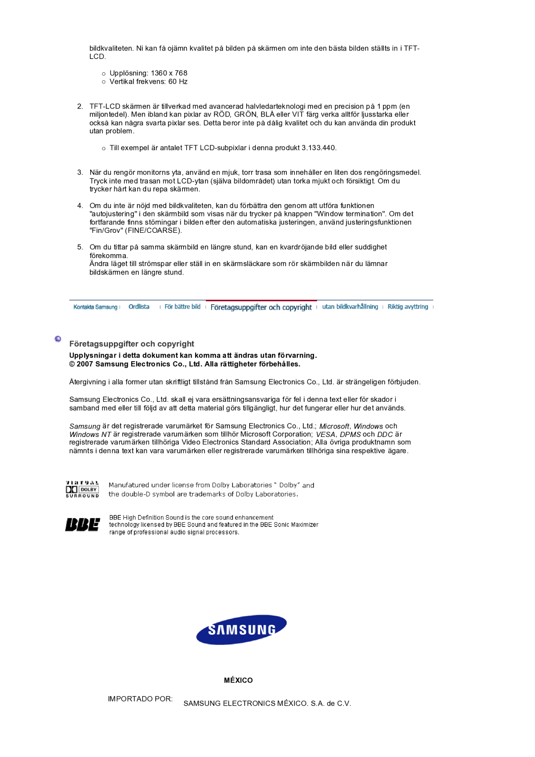 Samsung LS32BEPNS/EDC manual Företagsuppgifter och copyright, México 