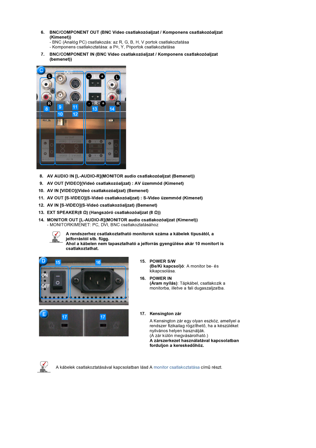 Samsung LS32BEPNS/EDC manual Be/Ki kapcsoló a monitor be- és kikapcsolása, Kensington zár 