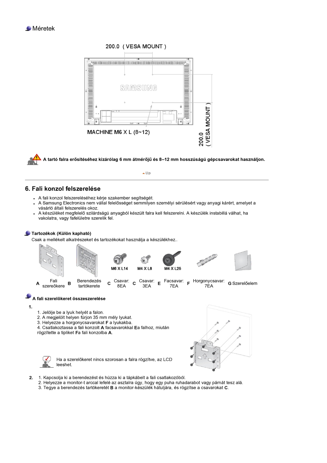 Samsung LS32BEPNS/EDC manual Tartozékok Külön kapható, Fali szerelõkeret összeszerelése 