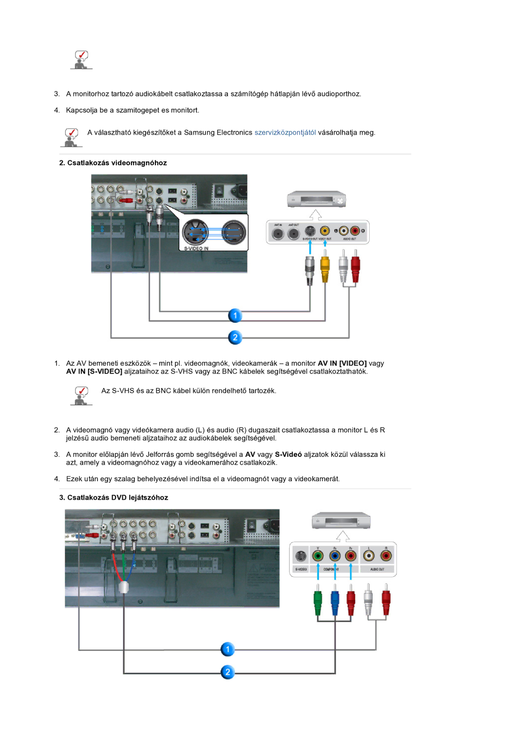 Samsung LS32BEPNS/EDC manual Csatlakozás videomagnóhoz, Csatlakozás DVD lejátszóhoz 