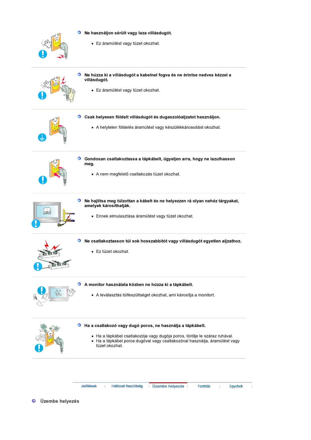 Samsung LS32BEPNS/EDC manual Üzembe helyezés, Ne használjon sérült vagy laza villásdugót 