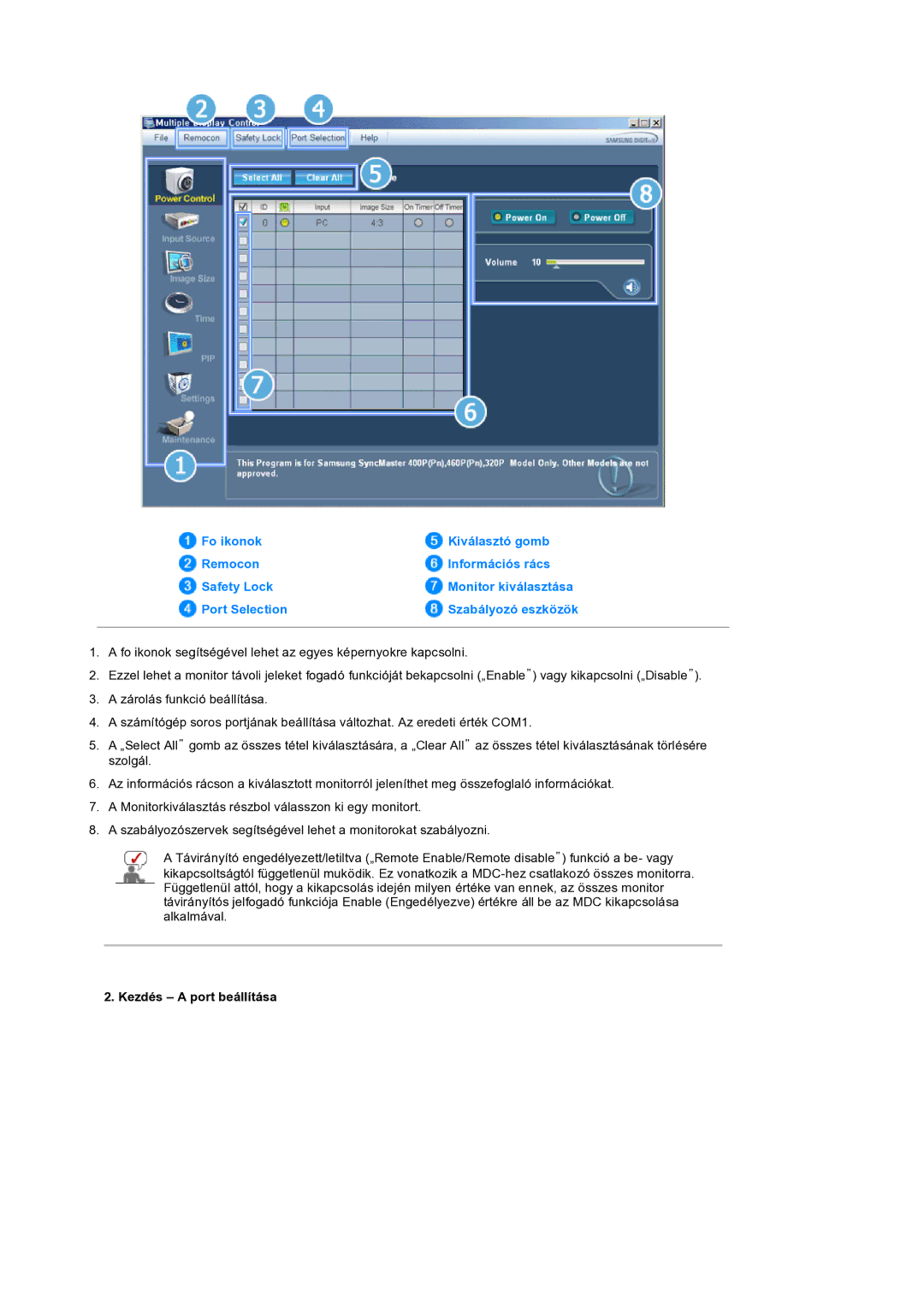 Samsung LS32BEPNS/EDC manual Kezdés a port beállítása 