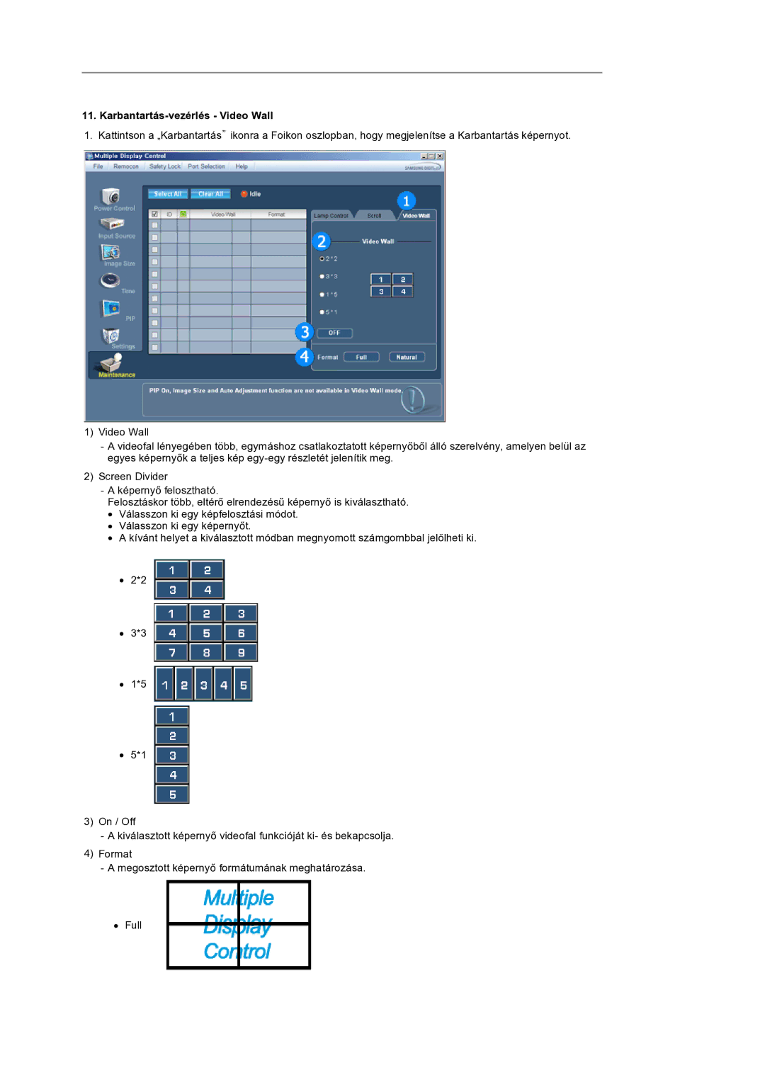 Samsung LS32BEPNS/EDC manual Karbantartás-vezérlés Video Wall 