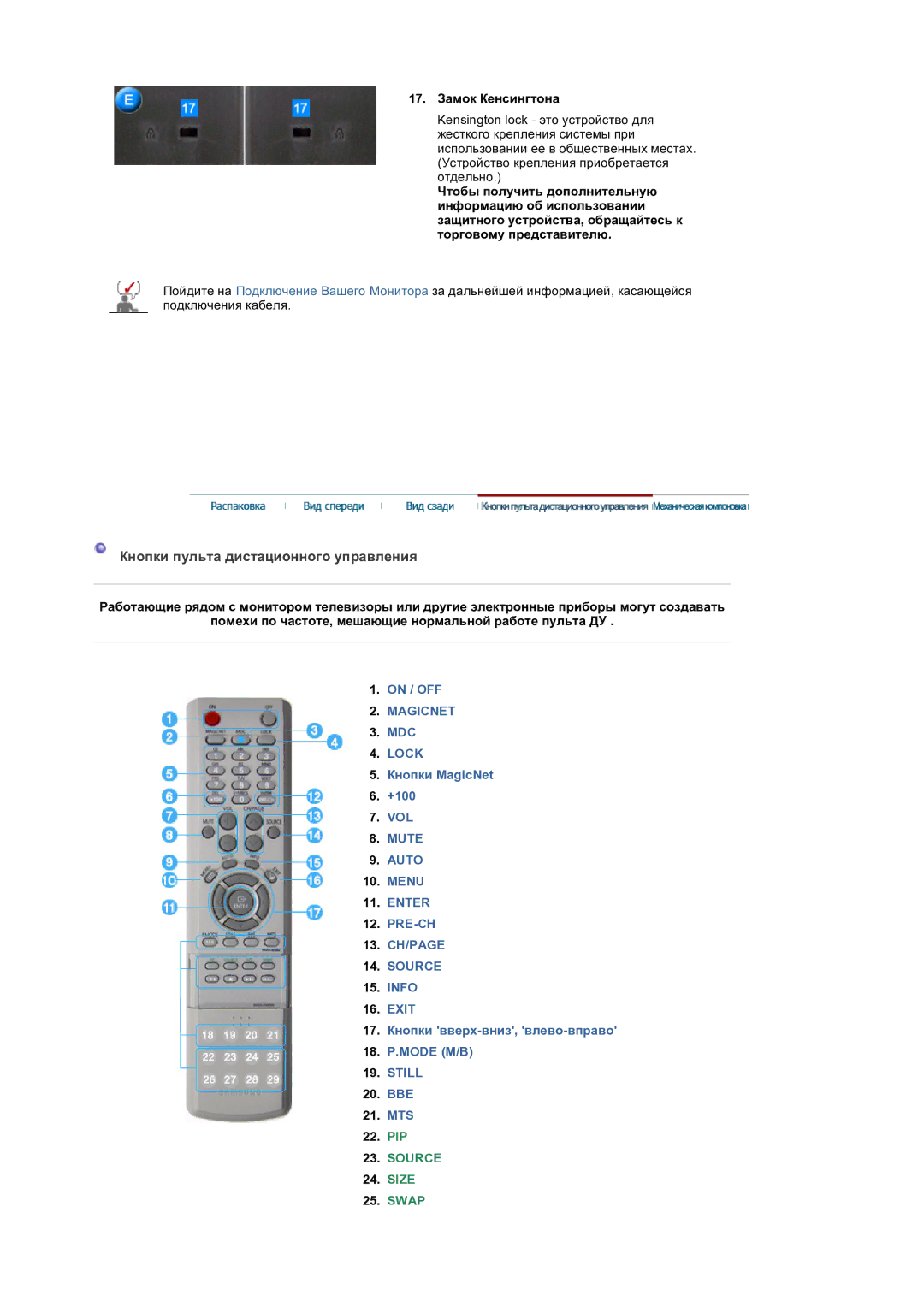 Samsung LS32BEPNS/EDC manual Кнопки пульта дистационного управления, 17. Замок Кенсингтона 