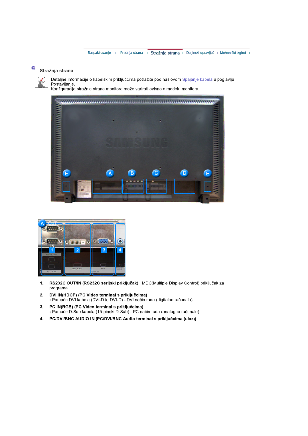 Samsung LS32BEPNS/EDC manual Stražnja strana, DVI Inhdcp PC Video terminal s priključcima 