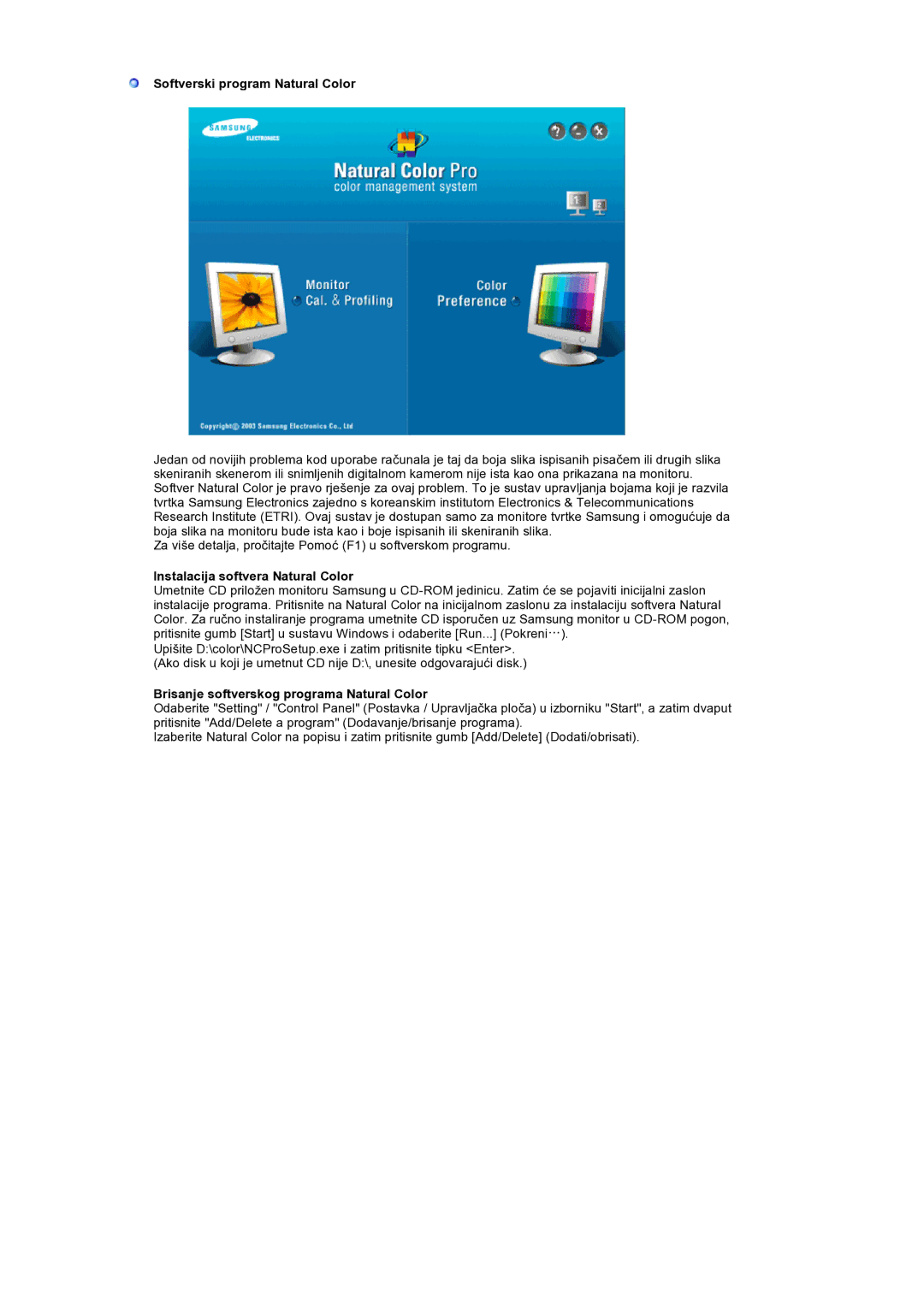 Samsung LS32BEPNS/EDC manual Softverski program Natural Color, Instalacija softvera Natural Color 