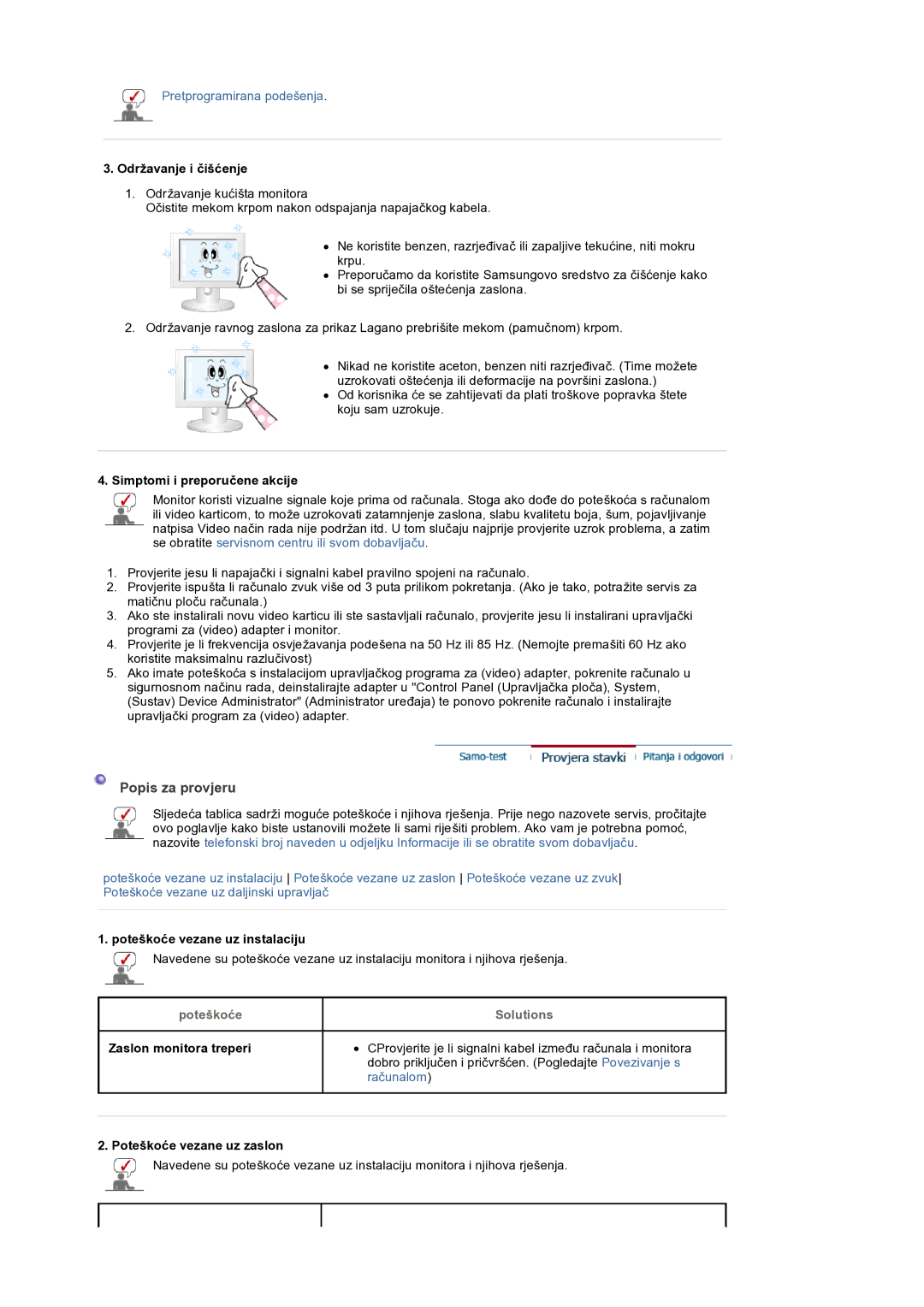 Samsung LS32BEPNS/EDC manual Popis za provjeru, Poteškoće Solutions 