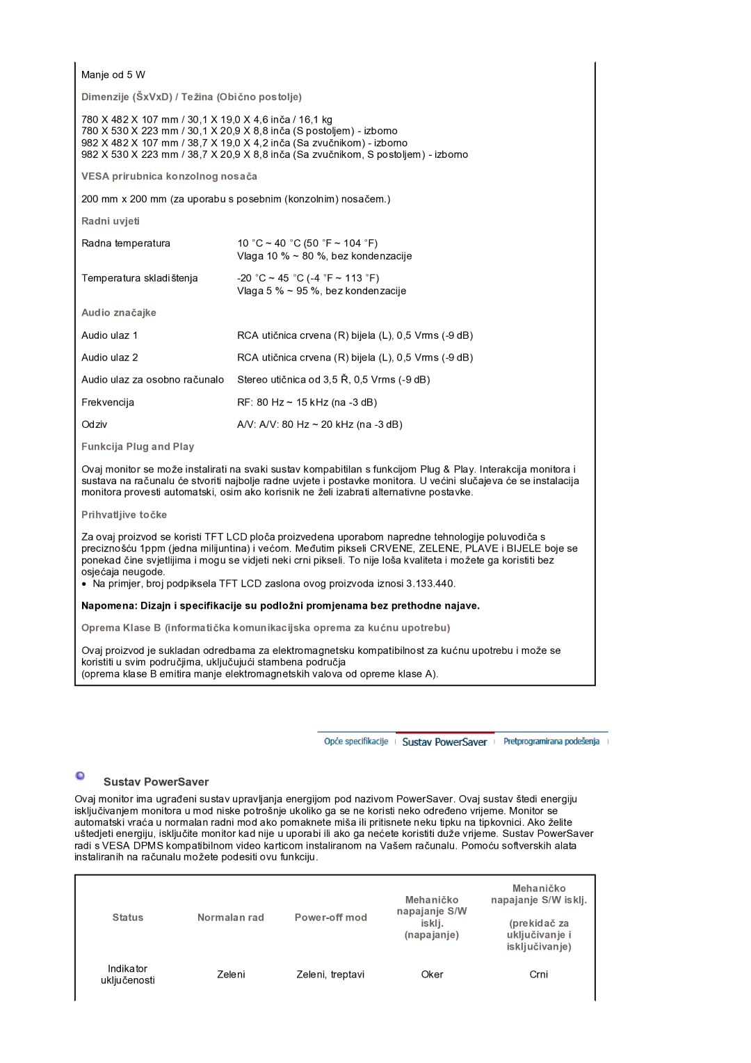 Samsung LS32BEPNS/EDC manual Sustav PowerSaver 