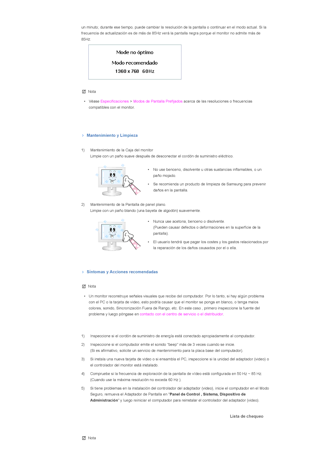 Samsung LS32BHYNS/EDC, LS32BHLNB/EDC manual Mantenimiento y Limpieza, Síntomas y Acciones recomendadas, Lista de chequeo 