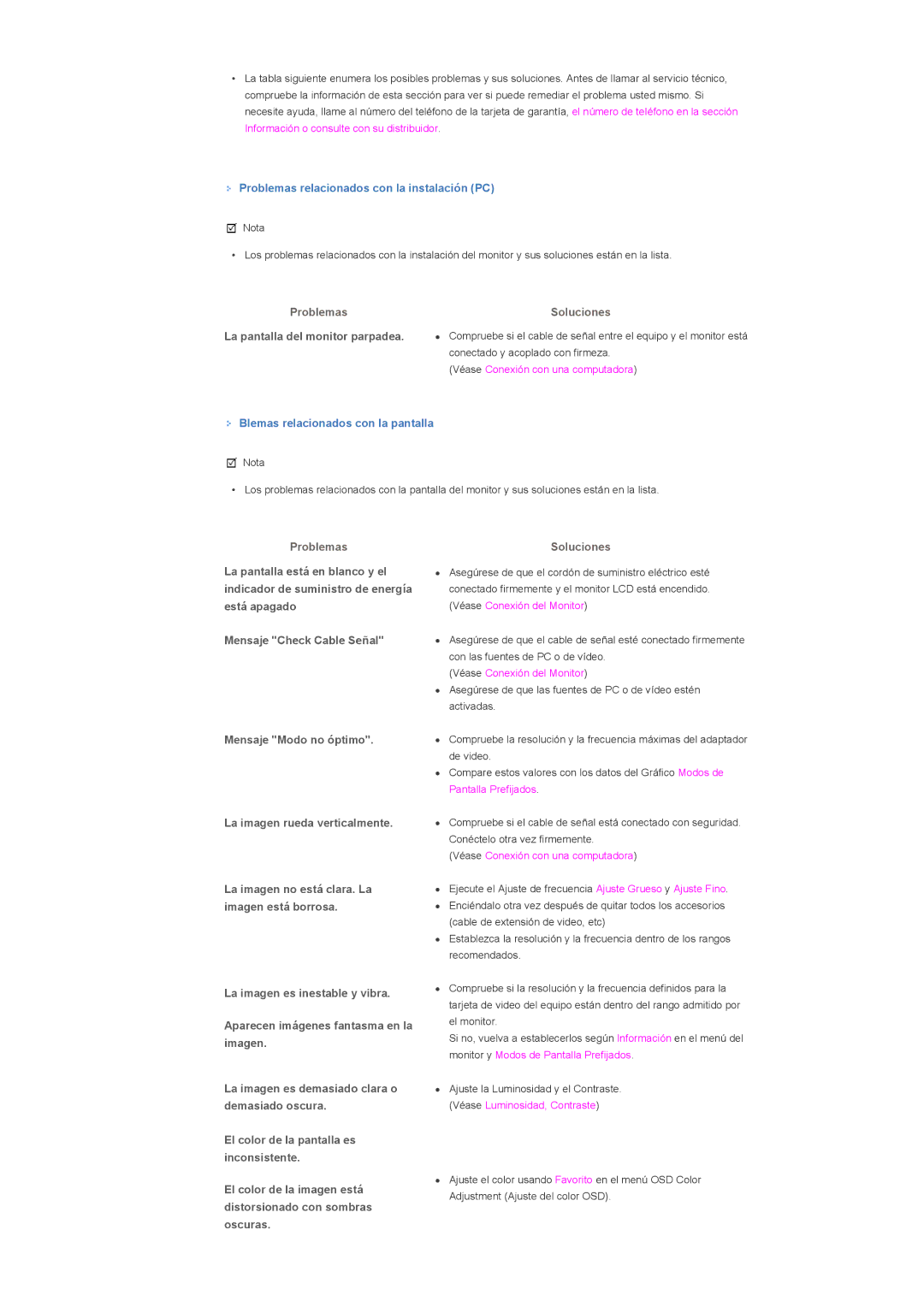 Samsung LS32BHPNS/EDC manual La pantalla del monitor parpadea, Mensaje Modo no óptimo, La imagen rueda verticalmente 