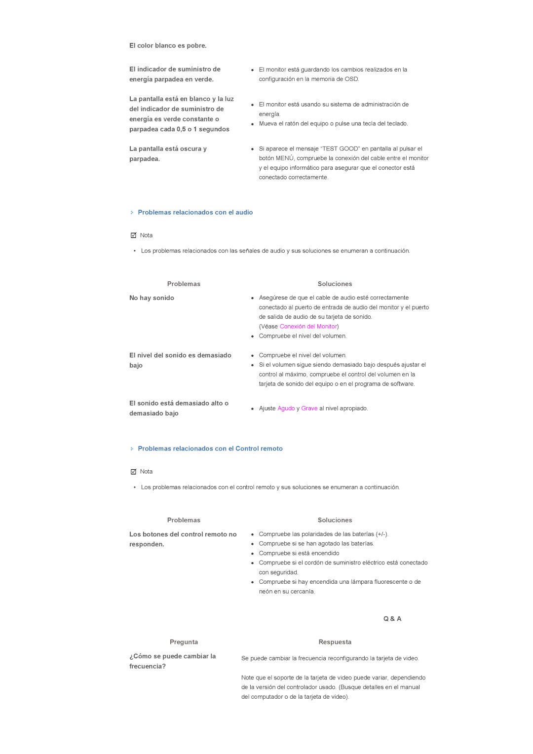 Samsung LS32BHRNS/EDC El color blanco es pobre, La pantalla está oscura y parpadea, ¿Cómo se puede cambiar la frecuencia? 