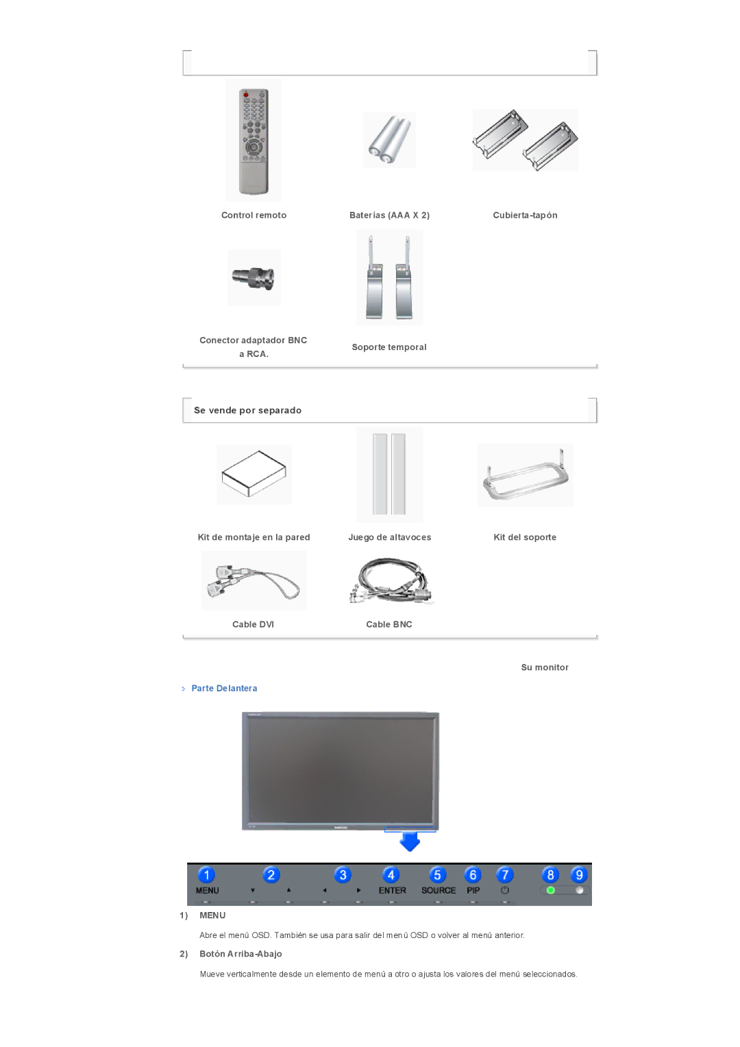 Samsung LS32BHYNS/EDC, LS32BHLNB/EDC, LS32BHLNS/EDC, LS32BHPNS/EDC manual Su monitor, Parte Delantera, Botón Arriba-Abajo 