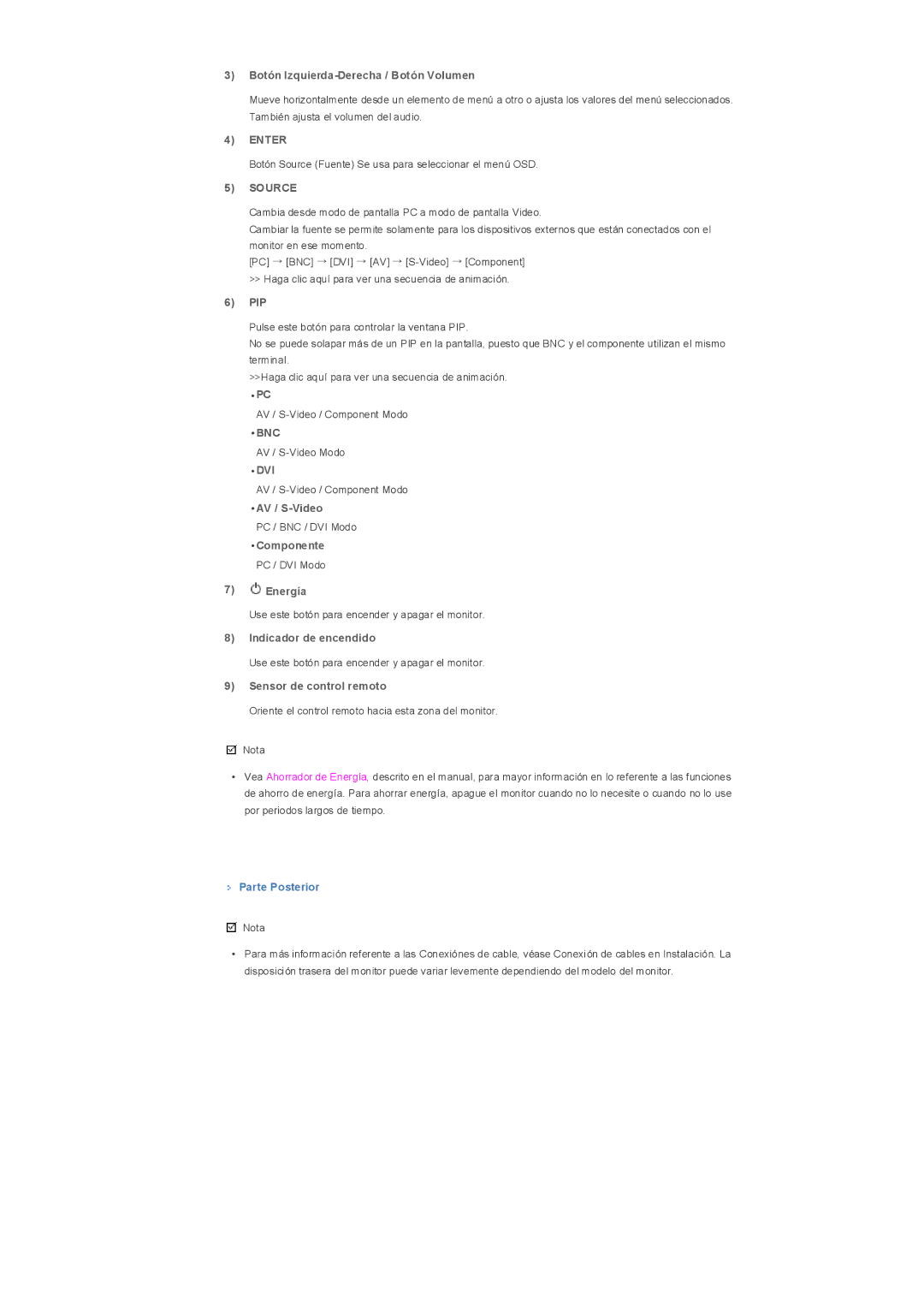 Samsung LS32BHPNS/EDC manual Botón Izquierda-Derecha / Botón Volumen, Pip, AV / S-Video, Componente PC / DVI Modo Energía 