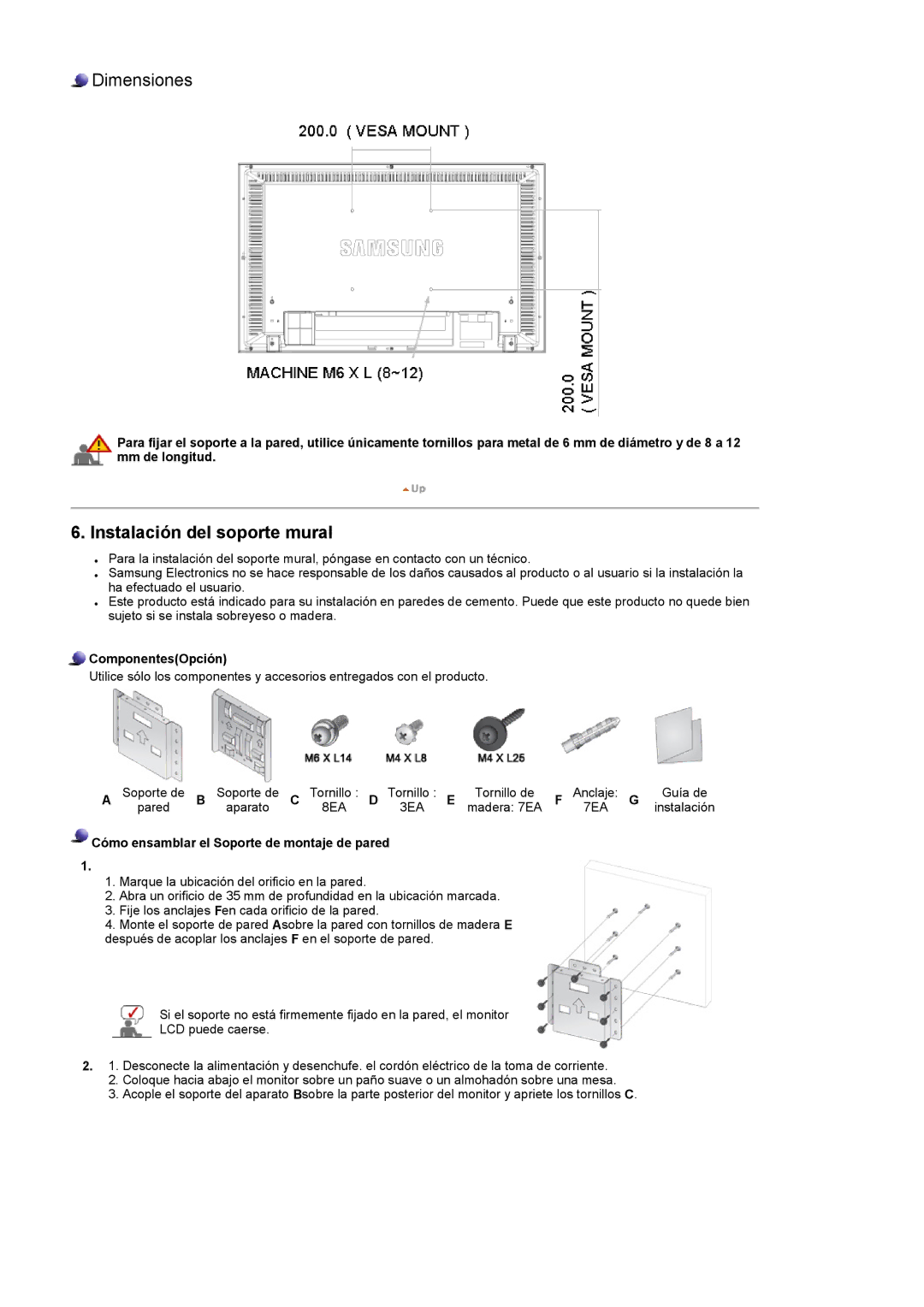 Samsung LS32BHLNS/EDC, LS32BHLNB/EDC, LS32BHYNS/EDC, LS32BHPNS/EDC, LS32BHRNS/EDC manual Instalación del soporte mural 