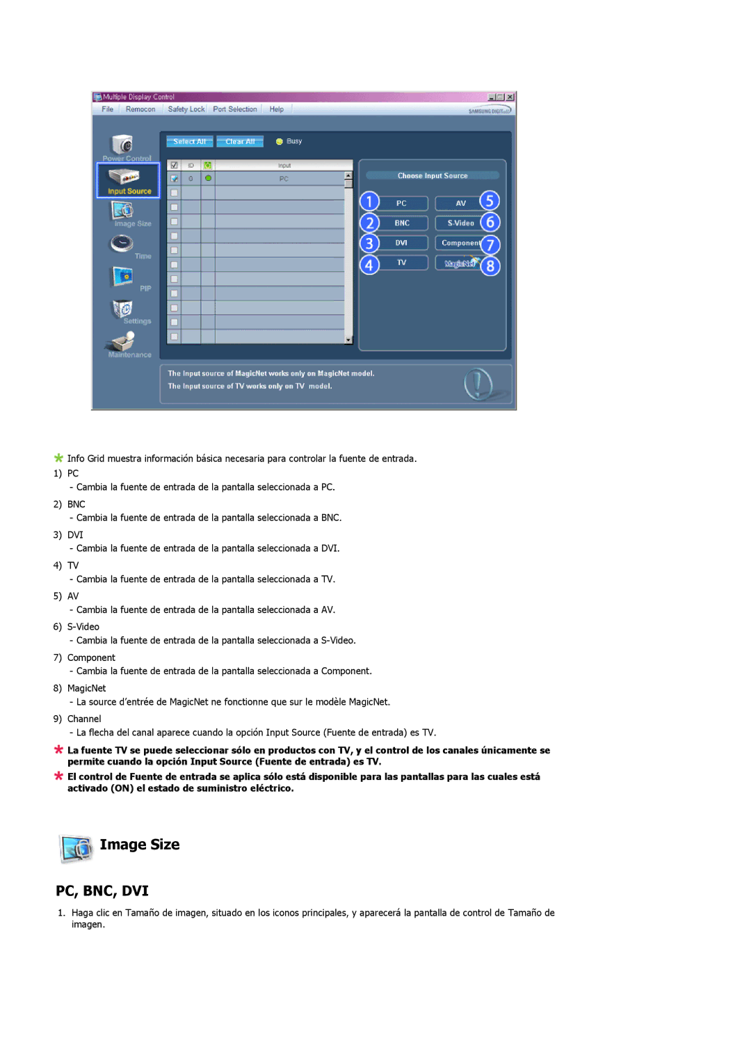 Samsung LS32BHLNB/EDC, LS32BHLNS/EDC, LS32BHYNS/EDC, LS32BHPNS/EDC, LS32BHRNS/EDC manual Image Size, Pc, Bnc, Dvi 