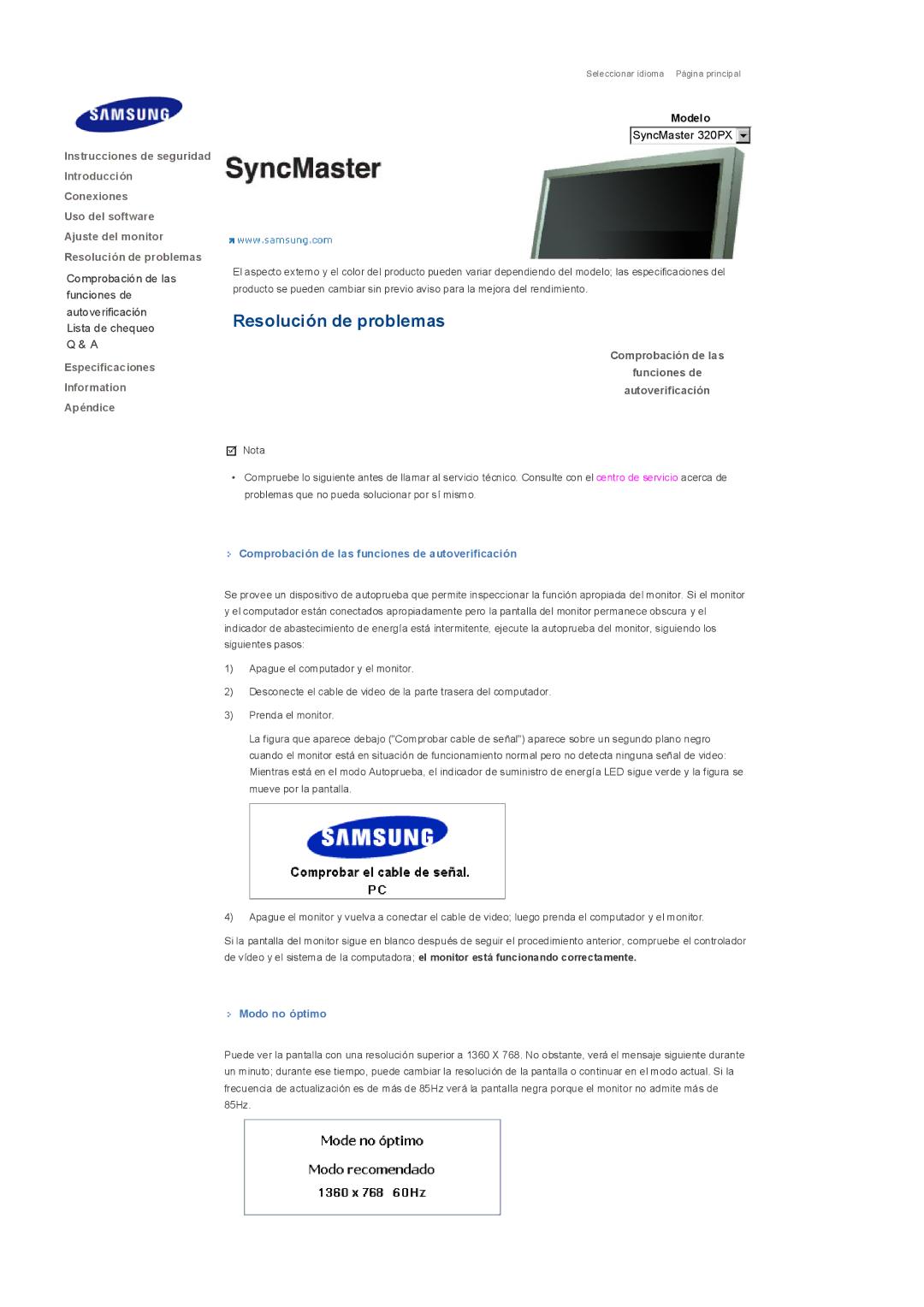 Samsung LS32BHRNS/EDC manual Resolución de problemas, Comprobación de las Funciones de Autoverificación, Modo no óptimo 