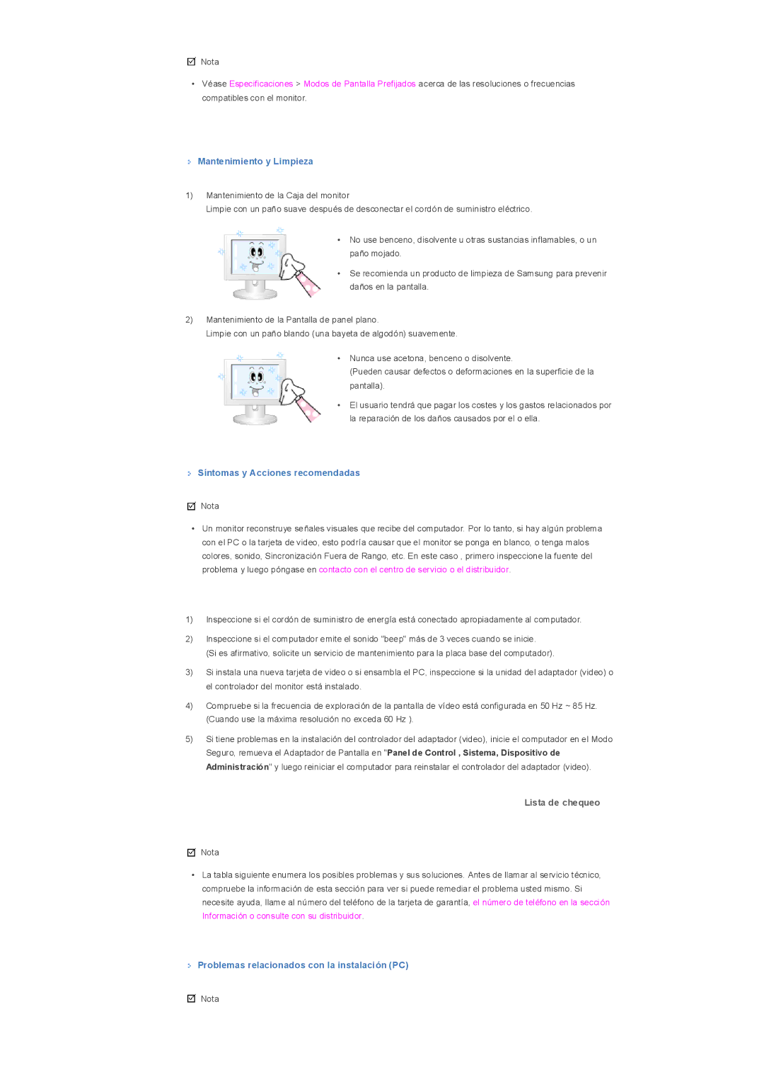 Samsung LS32BHLNB/EDC, LS32BHLNS/EDC manual Mantenimiento y Limpieza, Síntomas y Acciones recomendadas, Lista de chequeo 