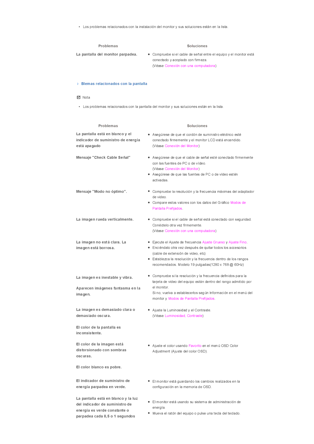 Samsung LS32BHLNS/EDC, LS32BHLNB/EDC, LS32BHYNS/EDC La pantalla del monitor parpadea, Blemas relacionados con la pantalla 