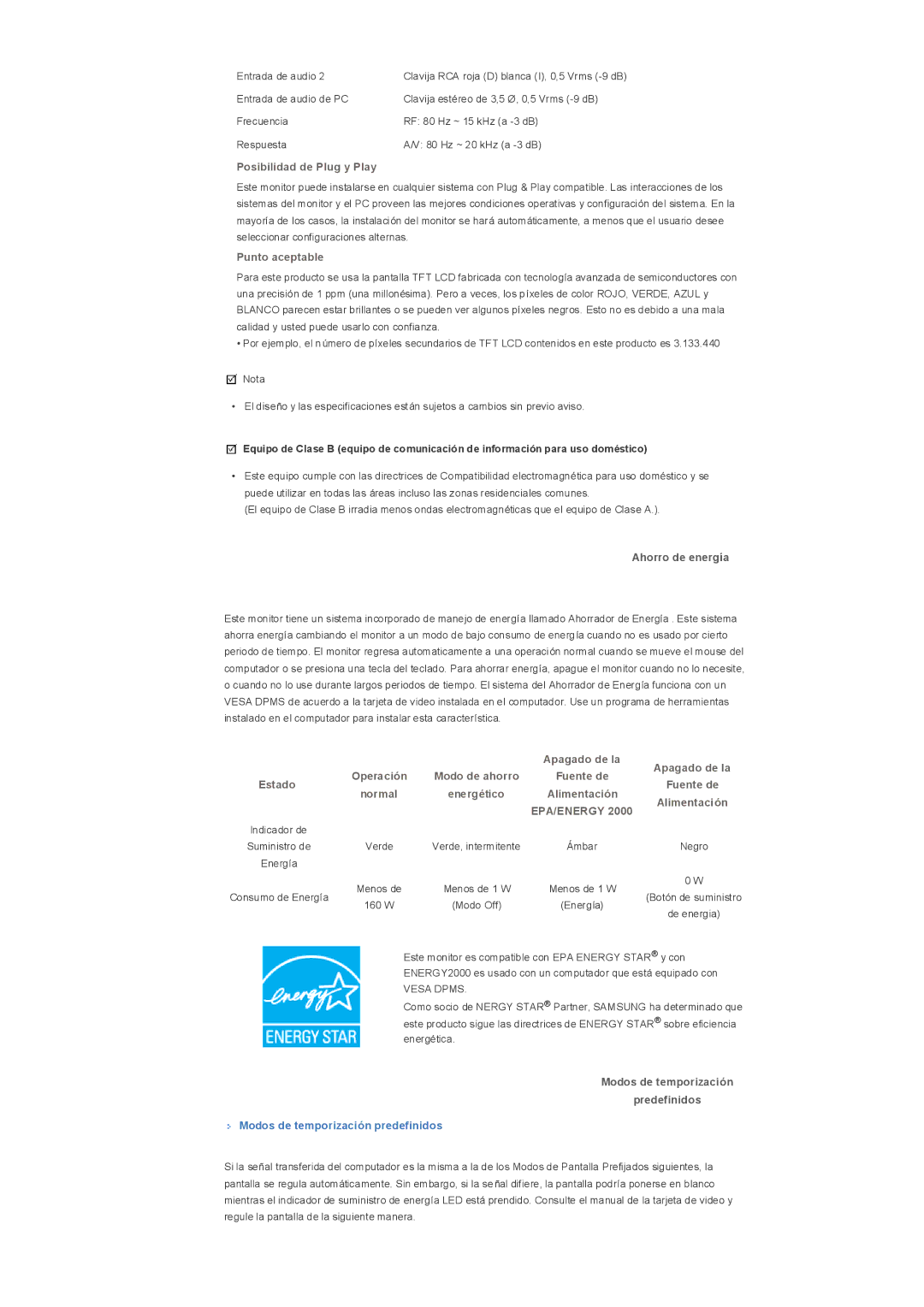 Samsung LS32BHLNB/EDC manual Ahorro de energía, Modos de temporización Predefinidos, Modos de temporización predefinidos 