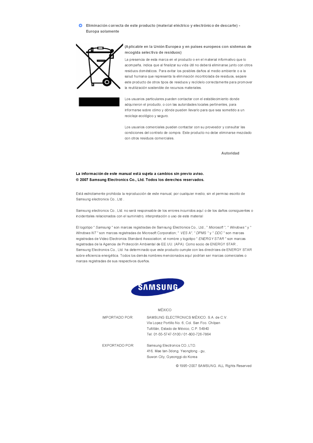 Samsung LS32BHRNS/EDC, LS32BHLNB/EDC, LS32BHLNS/EDC, LS32BHYNS/EDC, LS32BHPNS/EDC manual Autoridad, Importado POR 