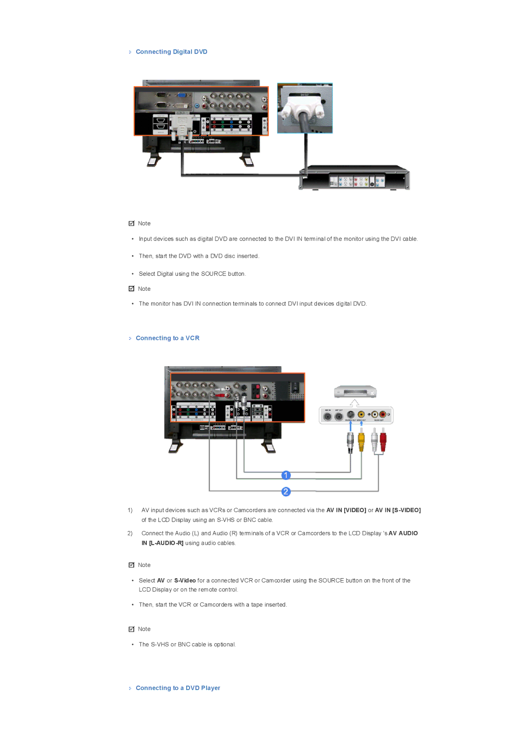 Samsung LS32BHPNS/EDC, LS32BHLNBF/EDC manual Connecting Digital DVD, Connecting to a VCR, Connecting to a DVD Player 