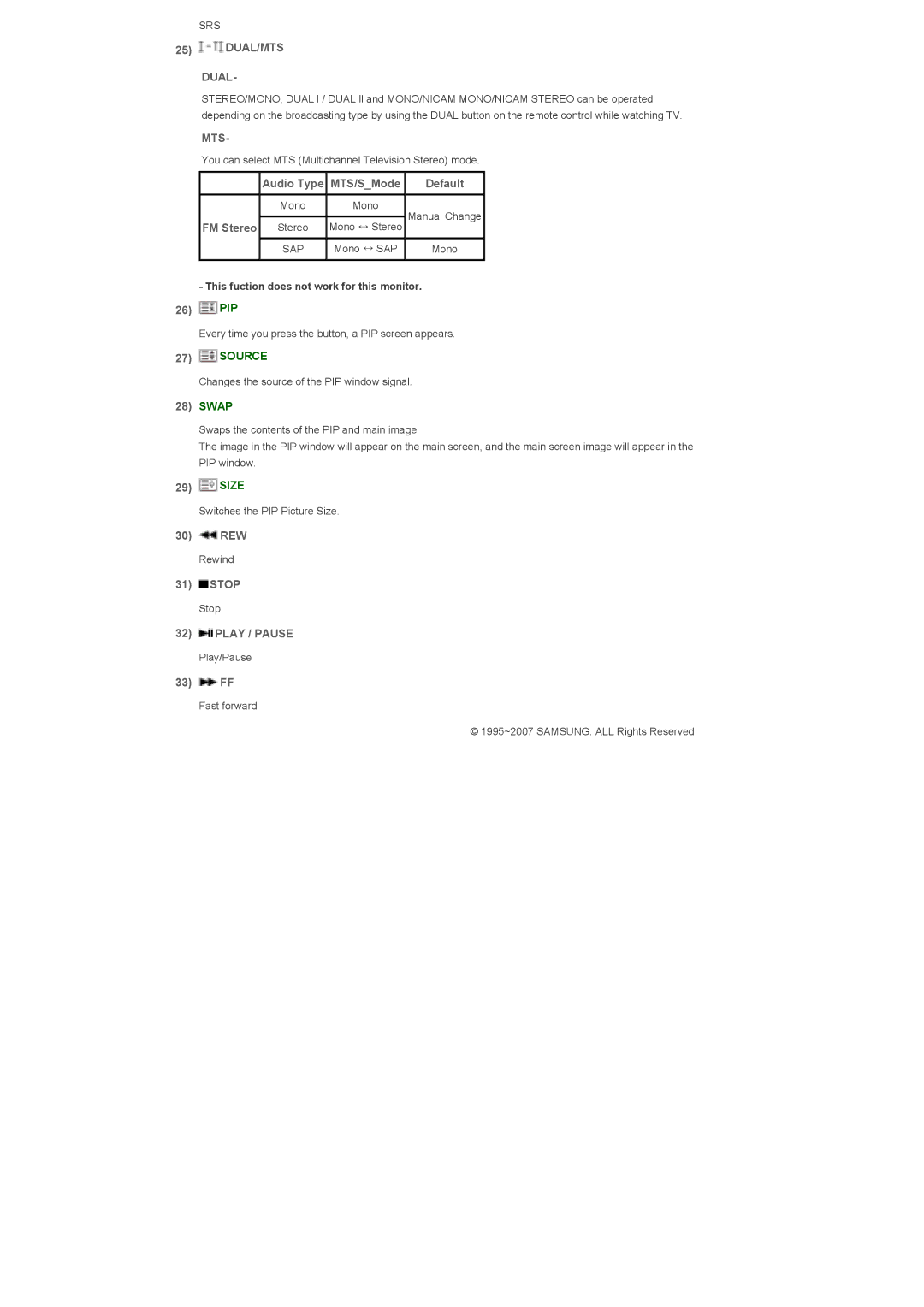 Samsung LS32BHRNS/XSJ, LS32BHLNBF/EDC, LS32BHLNB/EDC, LS32BHRNSF/EDC, LS32BHLNSF/EDC, LS32BHRNB/EDC Dual, Mts, Play / Pause 