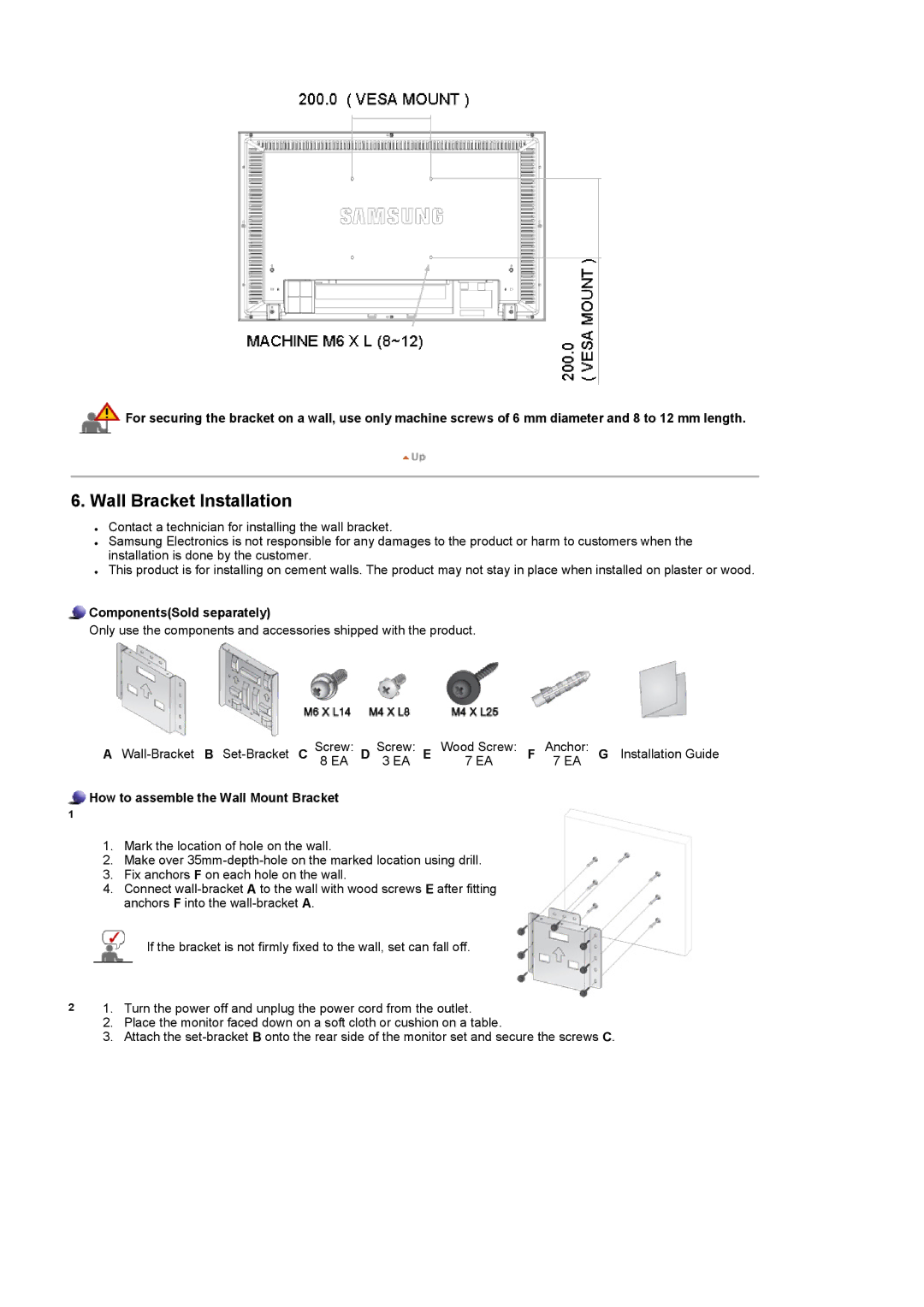 Samsung LS32BHLNSF/EDC, LS32BHLNBF/EDC, LS32BHLNB/EDC, LS32BHRNSF/EDC, LS32BHRNB/EDC, LS32BHYNS/XSJ Wall Bracket Installation 