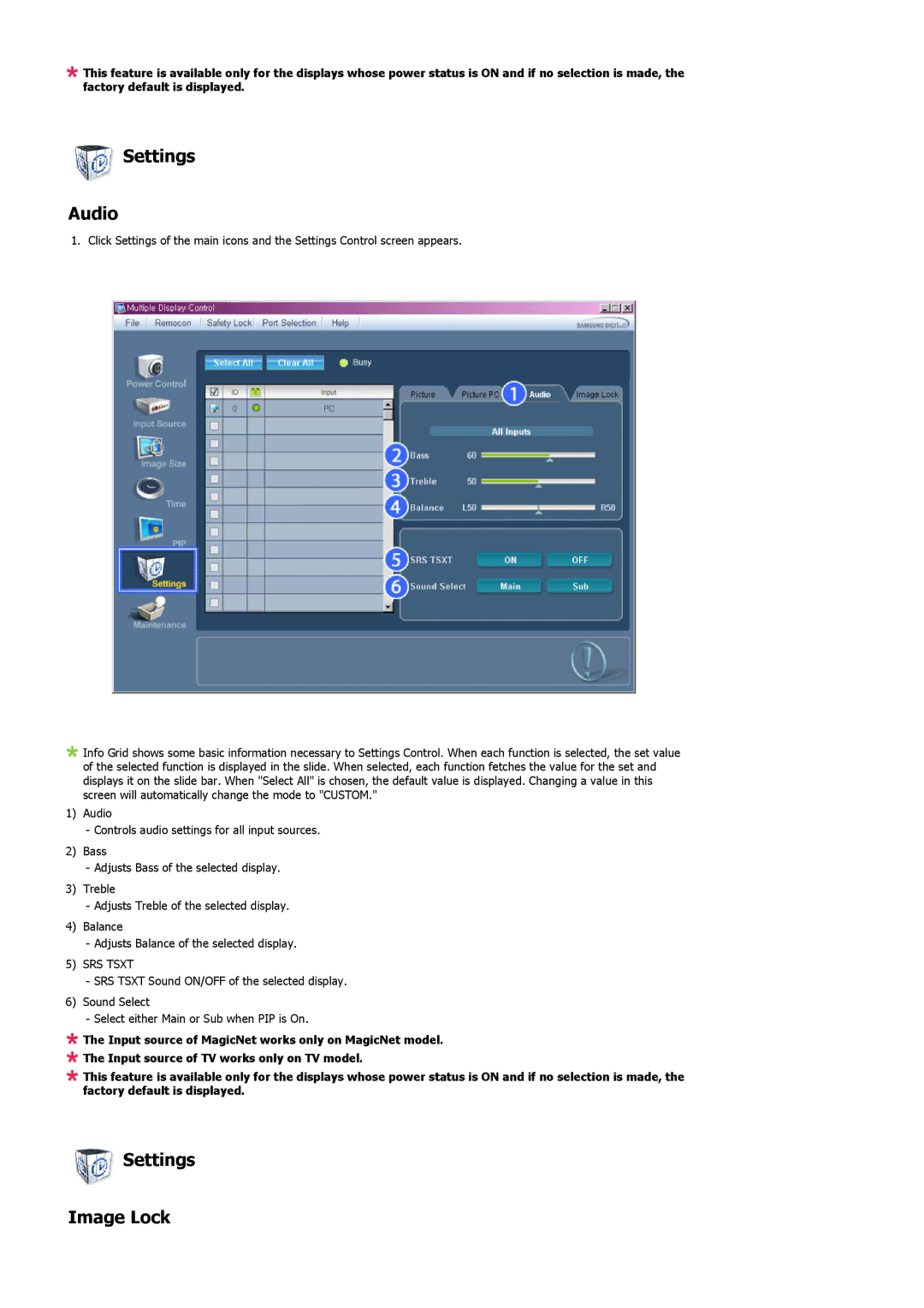 Samsung LS32BHYNB/XSJ, LS32BHLNBF/EDC, LS32BHLNB/EDC, LS32BHRNSF/EDC, LS32BHLNSF/EDC manual Settings Audio, Settings Image Lock 