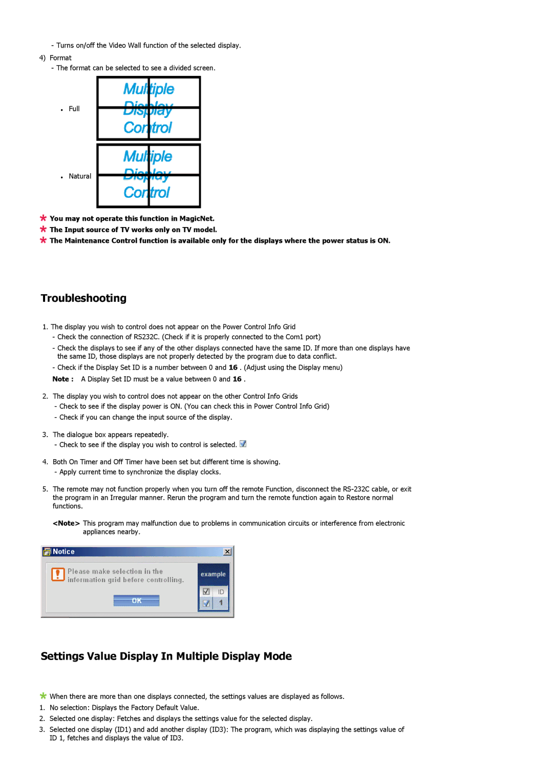 Samsung LS32BHPNS/EDC, LS32BHLNBF/EDC, LS32BHLNB/EDC manual Troubleshooting, Settings Value Display In Multiple Display Mode 