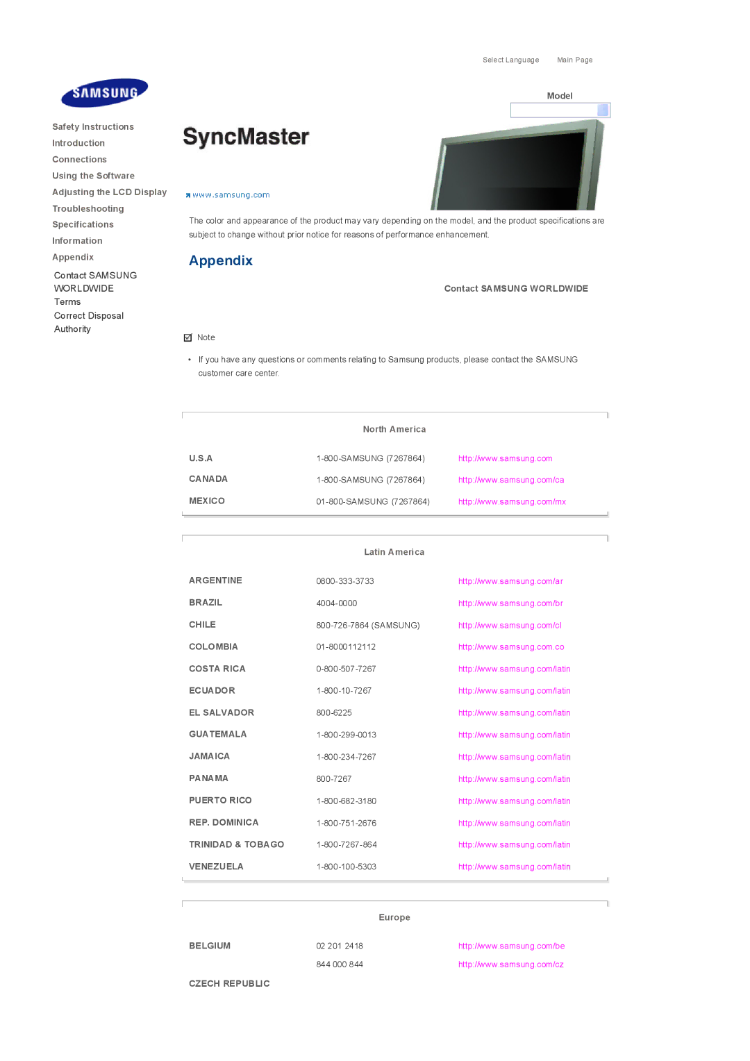 Samsung LS32BHLNSF/EDC, LS32BHLNBF/EDC, LS32BHLNB/EDC, LS32BHRNSF/EDC, LS32BHRNB/EDC manual Appendix, Contact Samsung Worldwide 