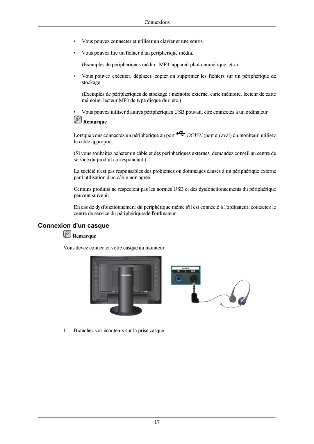 Samsung LS26KIERFV/EDC, LS32BHLNBF/EDC, LS32BHLNB/EDC, LS32BHRNSF/EDC, LS32BHLNSF/EDC, LS32BHRNB/EDC manual Connexion dun casque 