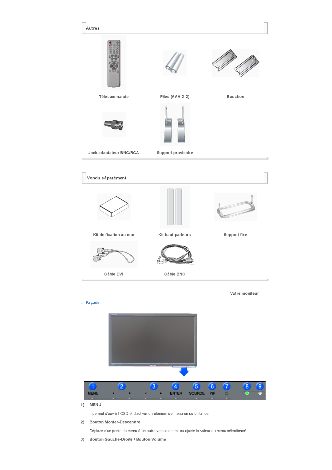 Samsung LS32BHRNSF/EDC manual Télécommande Piles AAA X Bouchon Jack adaptateur BNC/RCA, Façade, Bouton Monter-Descendre 