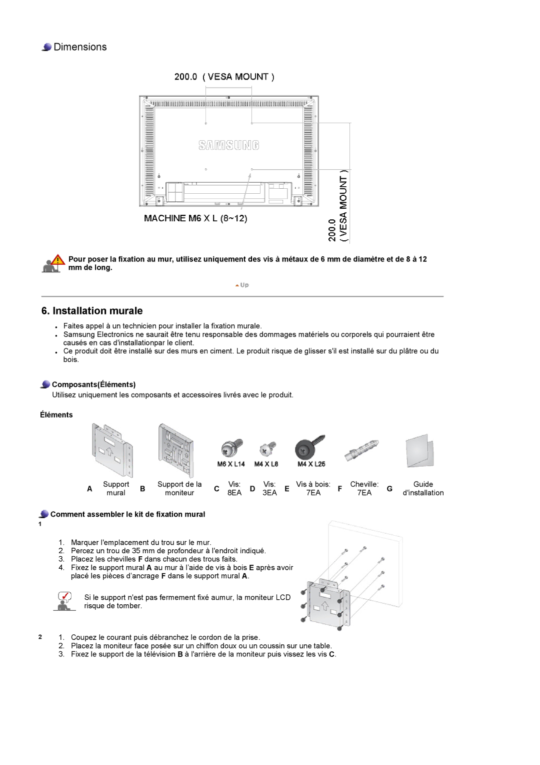 Samsung LS32BHLNB/EDC, LS32BHLNBF/EDC, LS32BHRNSF/EDC, LS32BHLNSF/EDC, LS32BHRNB/EDC, LS32BHPNSF/EDC manual Installation murale 