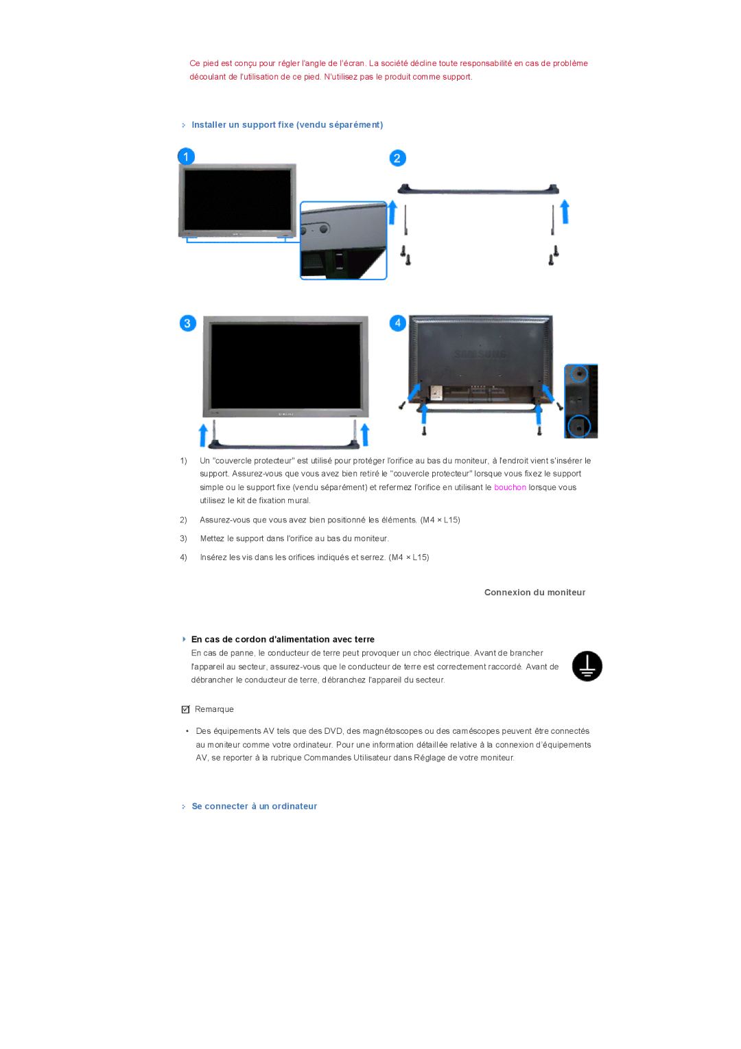 Samsung LS32BHRNB/EDC Installer un support fixe vendu séparément, Connexion du moniteur, Se connecter à un ordinateur 