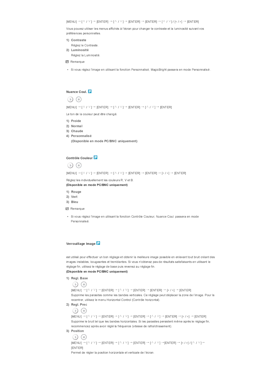 Samsung LS32BHLNSF/EDC, LS32BHLNBF/EDC, LS32BHLNB/EDC manual Contraste, Luminosité, Rouge Vert Bleu, Regl. Base, Regl. Prec 
