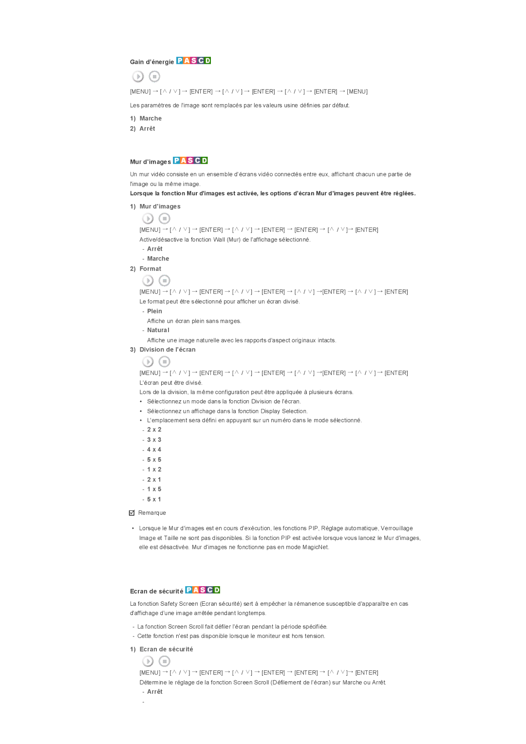 Samsung LS32BHLNBF/EDC, LS32BHLNB/EDC Marche Arrêt, Mur dimages, Arrêt Marche Format, Plein, Natural, Division de lécran 