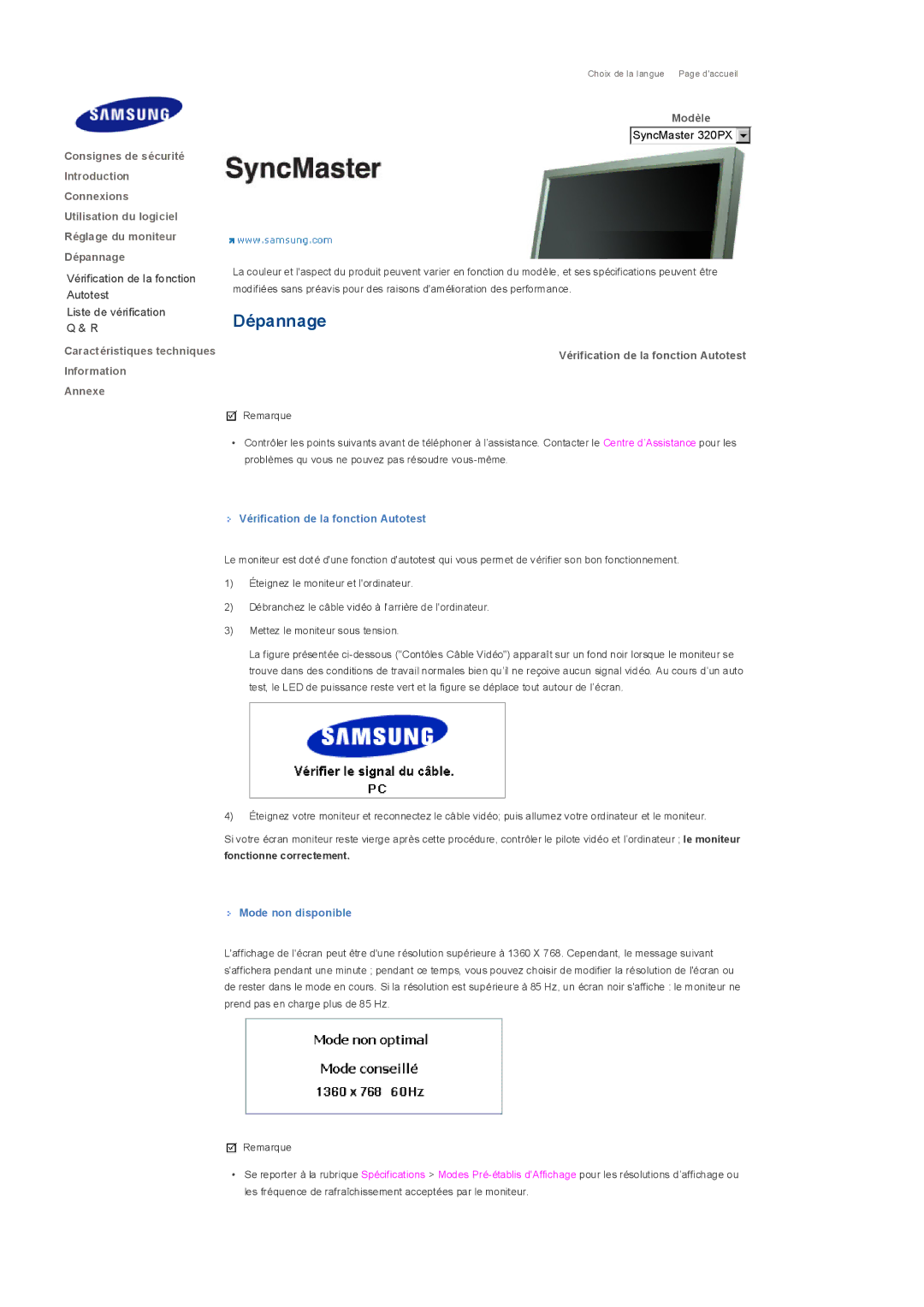 Samsung LS32BHRNB/EDC manual Dépannage, Vérification de la fonction Autotest, Fonctionne correctement, Mode non disponible 