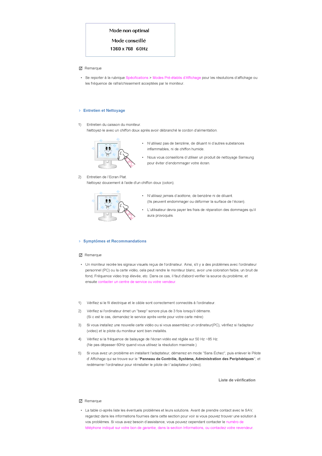 Samsung LS32BHYNS/EDC, LS32BHLNBF/EDC manual Entretien et Nettoyage, Symptômes et Recommandations, Liste de vérification 