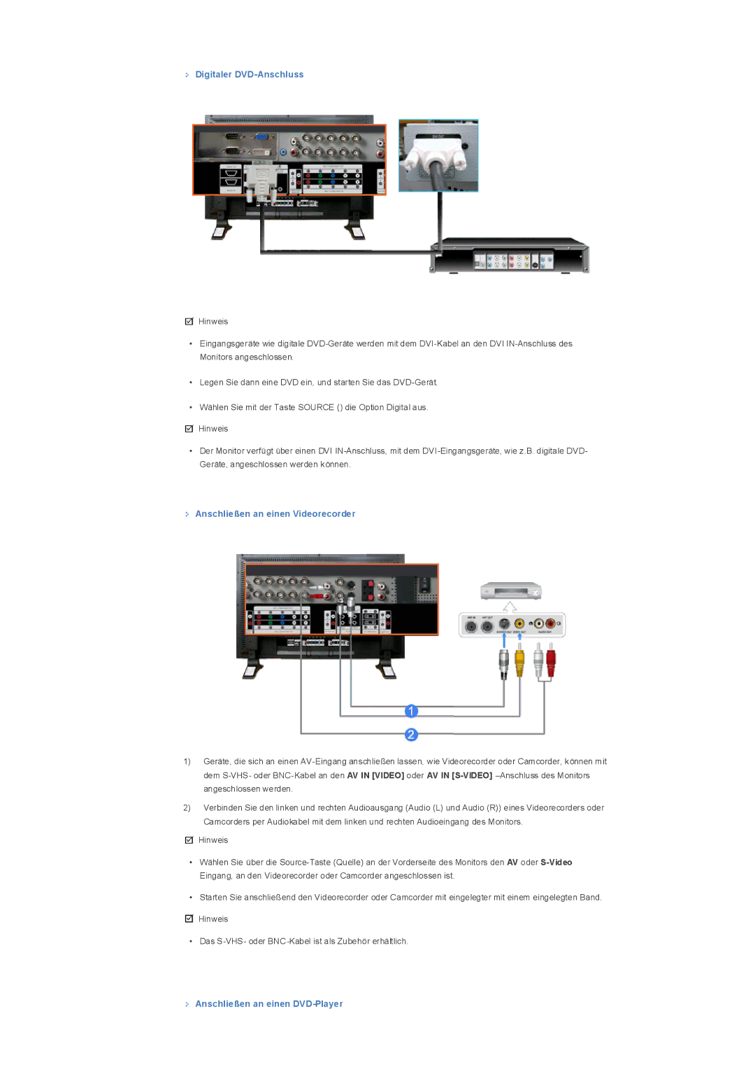 Samsung LS32BHLNSF/EDC manual Digitaler DVD-Anschluss, Anschließen an einen Videorecorder, Anschließen an einen DVD-Player 