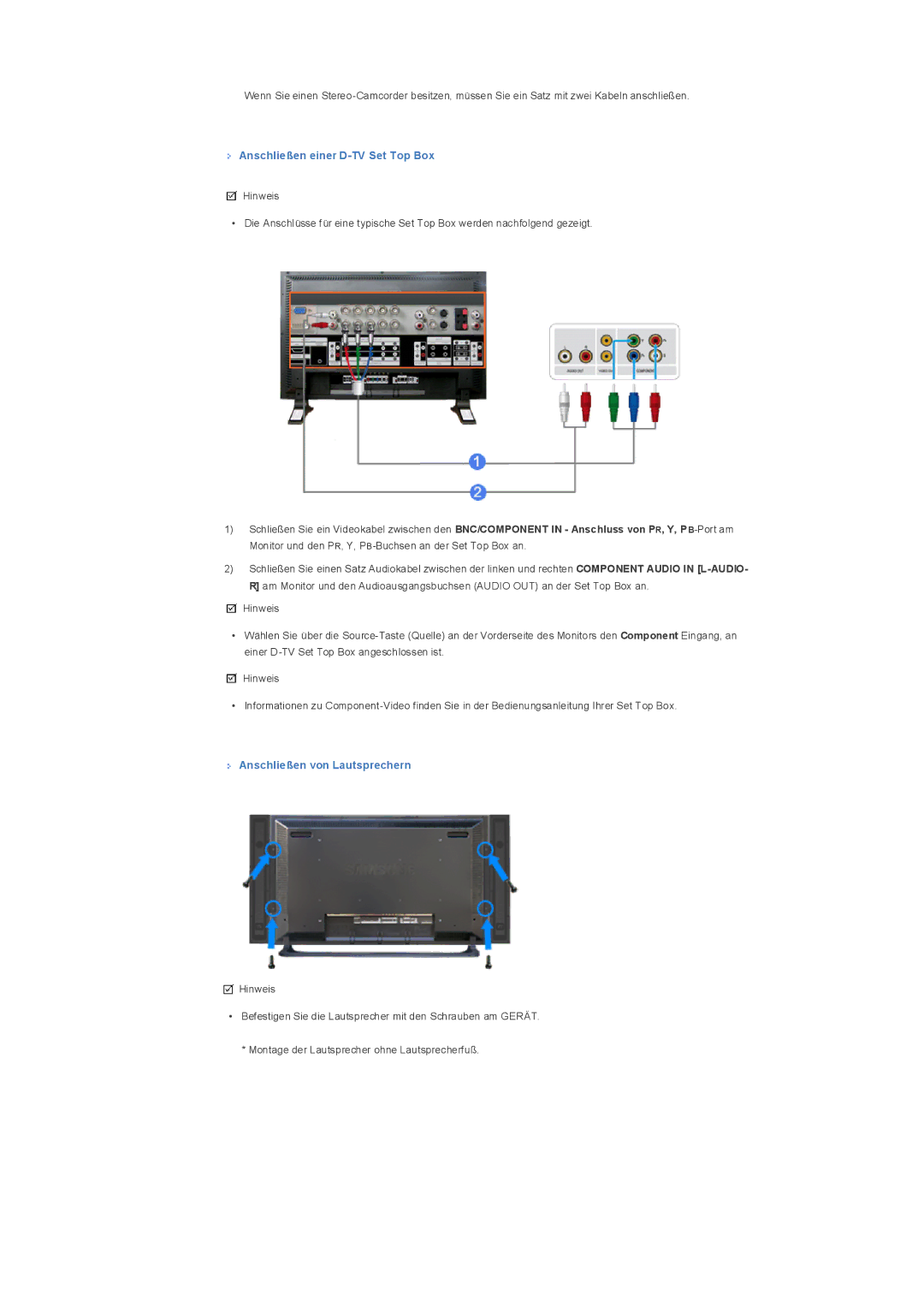 Samsung LS32BHLNS/EDC, LS32BHLNBF/EDC, LS32BHLNB/EDC manual Anschließen einer D-TV Set Top Box, Anschließen von Lautsprechern 