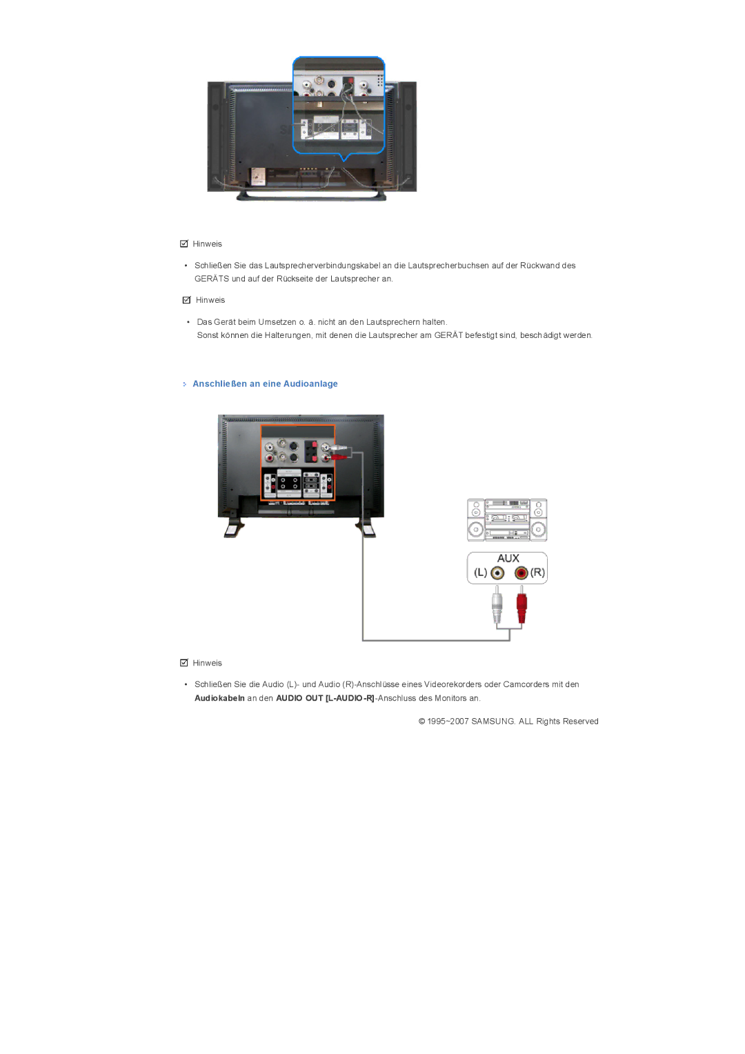 Samsung LS32BHYNS/EDC, LS32BHLNBF/EDC, LS32BHLNB/EDC, LS32BHRNSF/EDC, LS32BHLNSF/EDC manual Anschließen an eine Audioanlage 