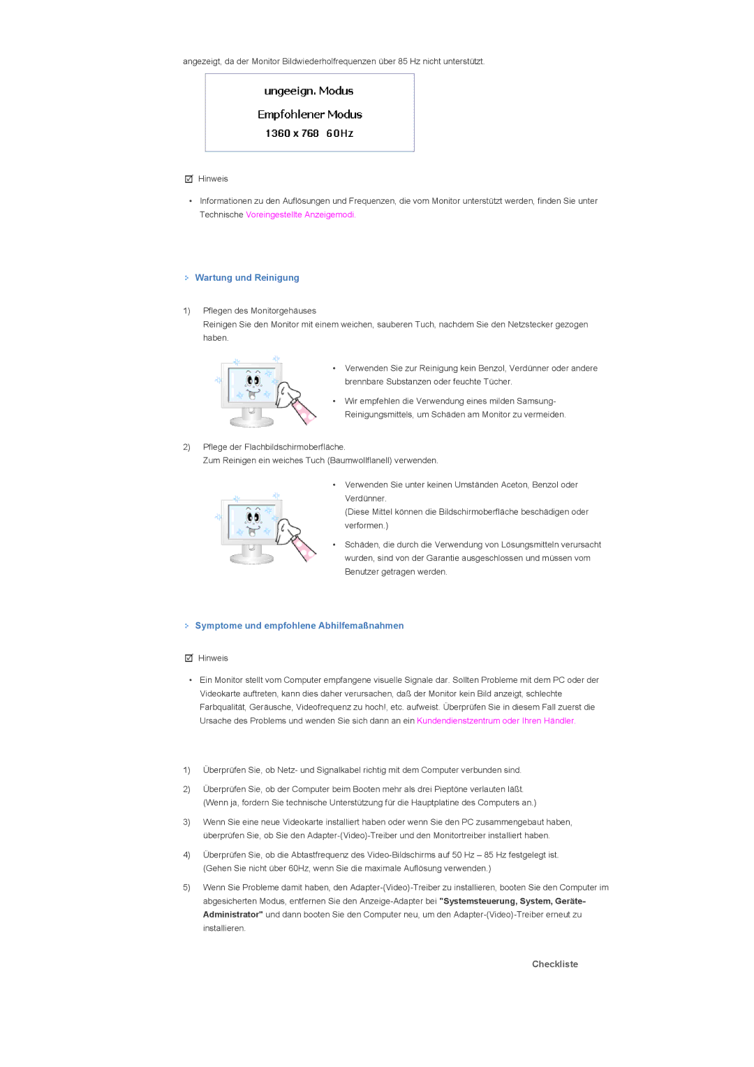 Samsung LS32BHRNS/EDC, LS32BHLNBF/EDC manual Wartung und Reinigung, Symptome und empfohlene Abhilfemaßnahmen, Checkliste 