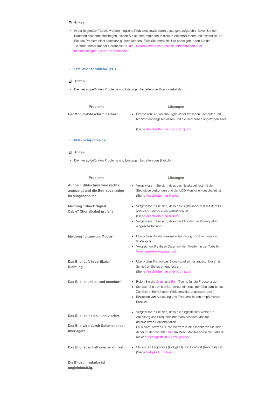 Samsung LS32BHLNBF/EDC, LS32BHLNB/EDC manual Installationsprobleme PC, Der Monitorbildschirm flackert, Bildschirmprobleme 