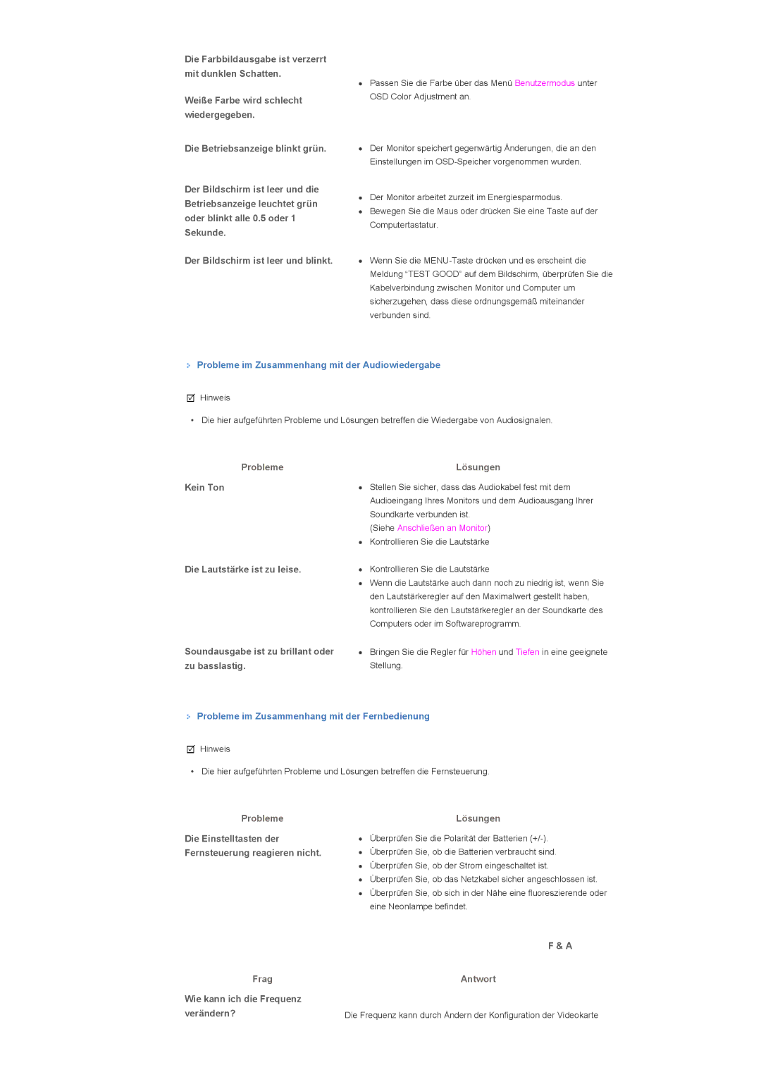 Samsung LS32BHLNB/EDC Probleme im Zusammenhang mit der Audiowiedergabe, Probleme im Zusammenhang mit der Fernbedienung 