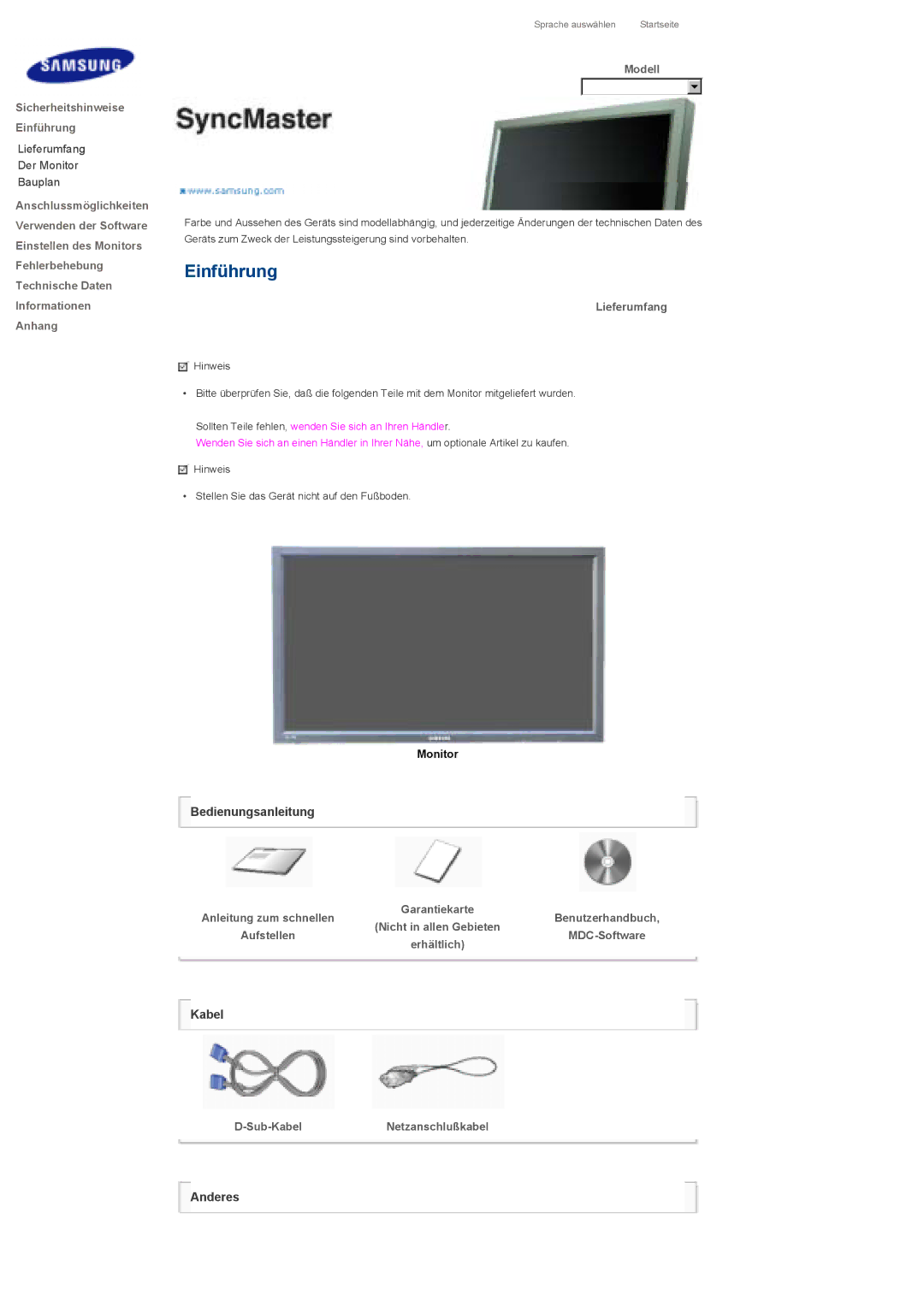 Samsung LS32BHRNSF/EDC, LS32BHLNBF/EDC, LS32BHLNB/EDC, LS32BHLNSF/EDC manual Modell, Lieferumfang, Sub-KabelNetzanschlußkabel 